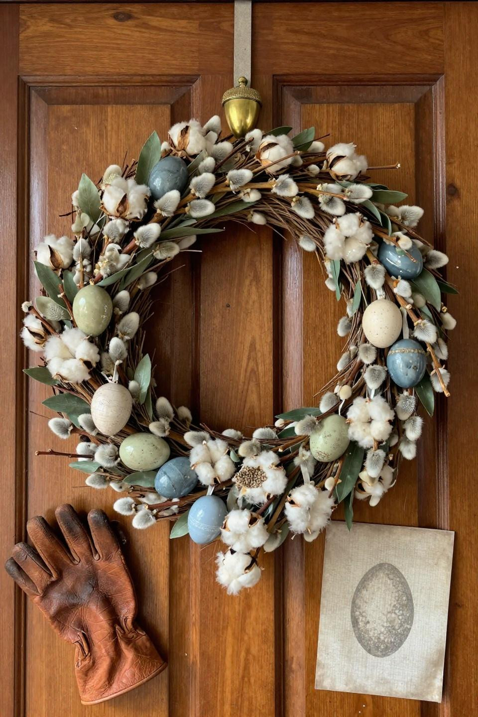 Summer wreaths for front door with bleached pussy willow and indigo ceramic eggs