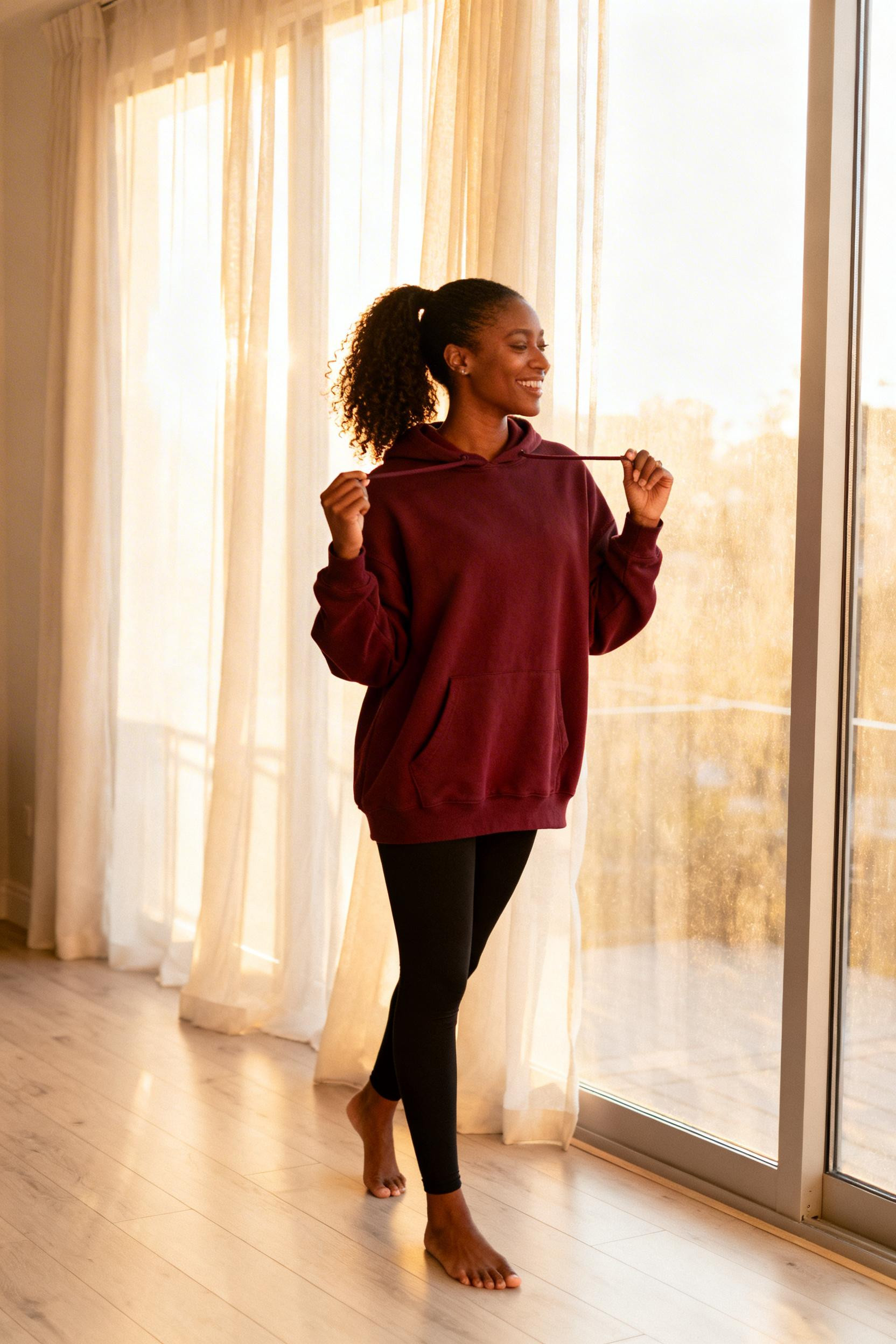 Comfy Hoodie Outfit - burgundy at home