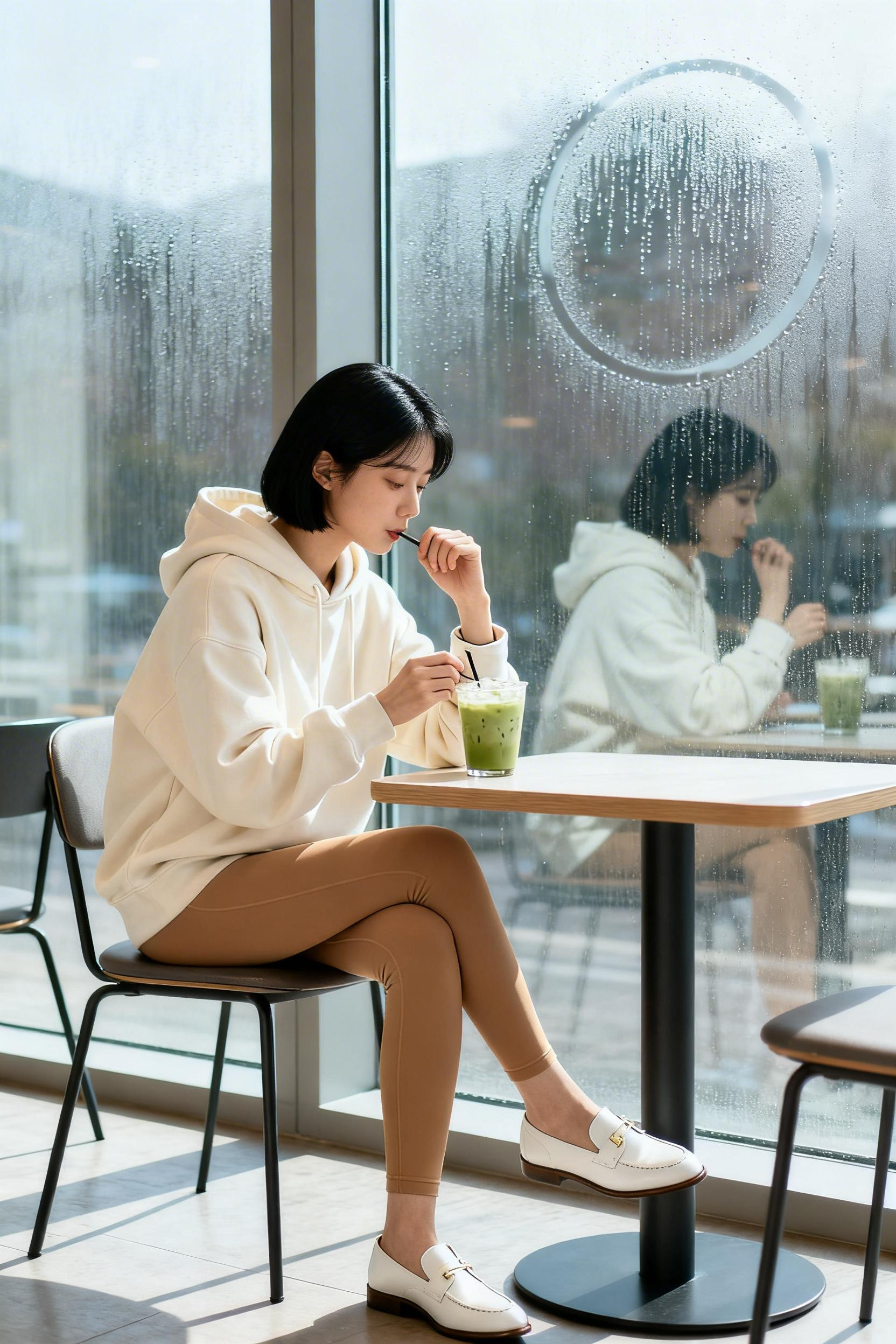 Leggings And Jacket Outfit - cream hoodie café