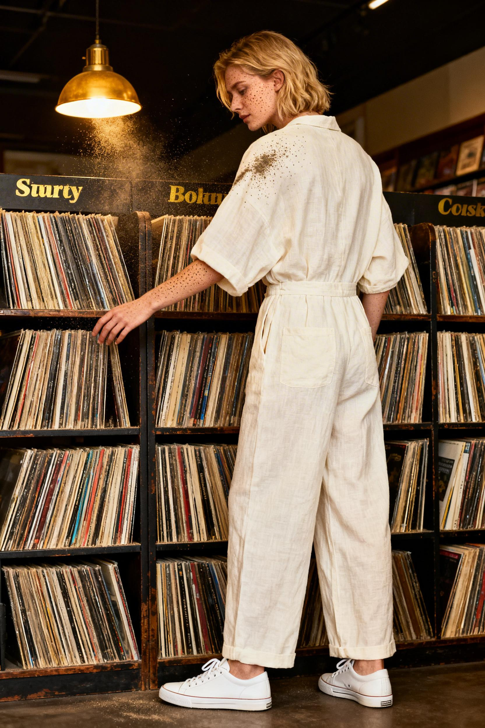 Jumpsuit And Sneakers Outfit - cream linen oversized jumpsuit