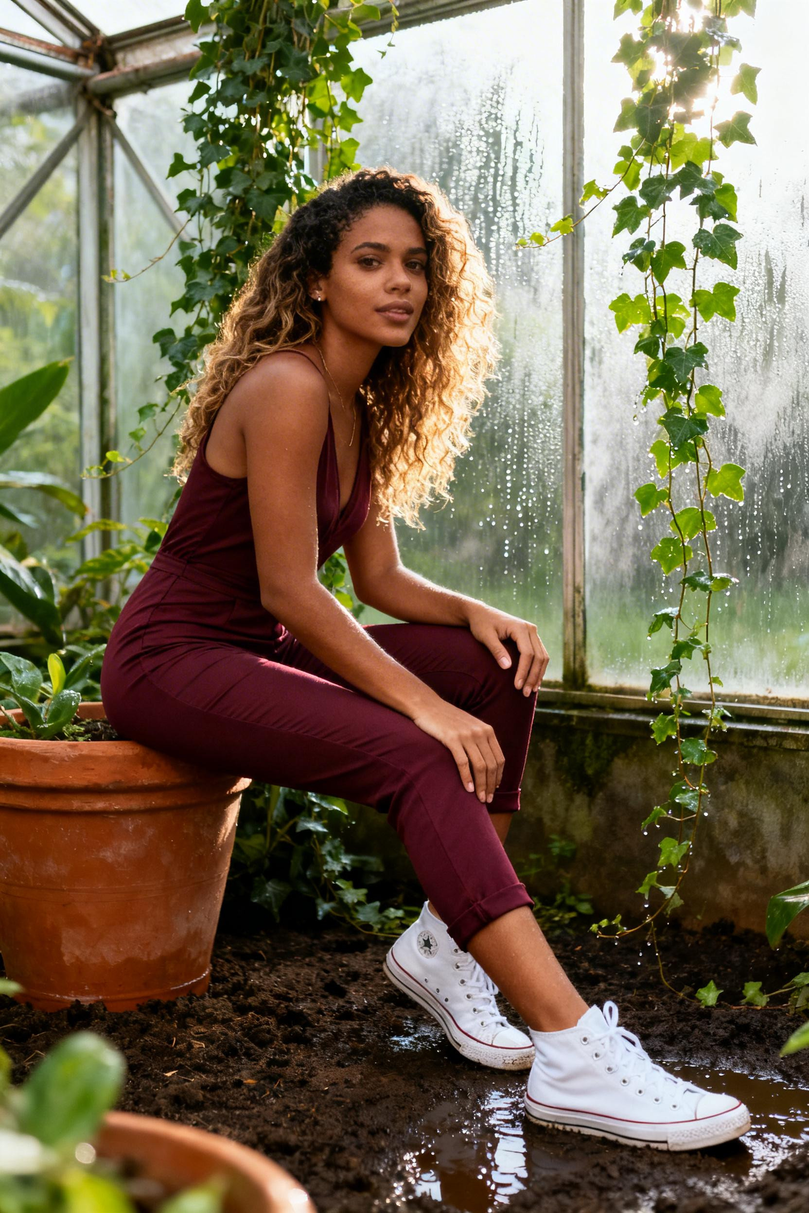 Jumpsuit And Sneakers Outfit - burgundy fitted jumpsuit