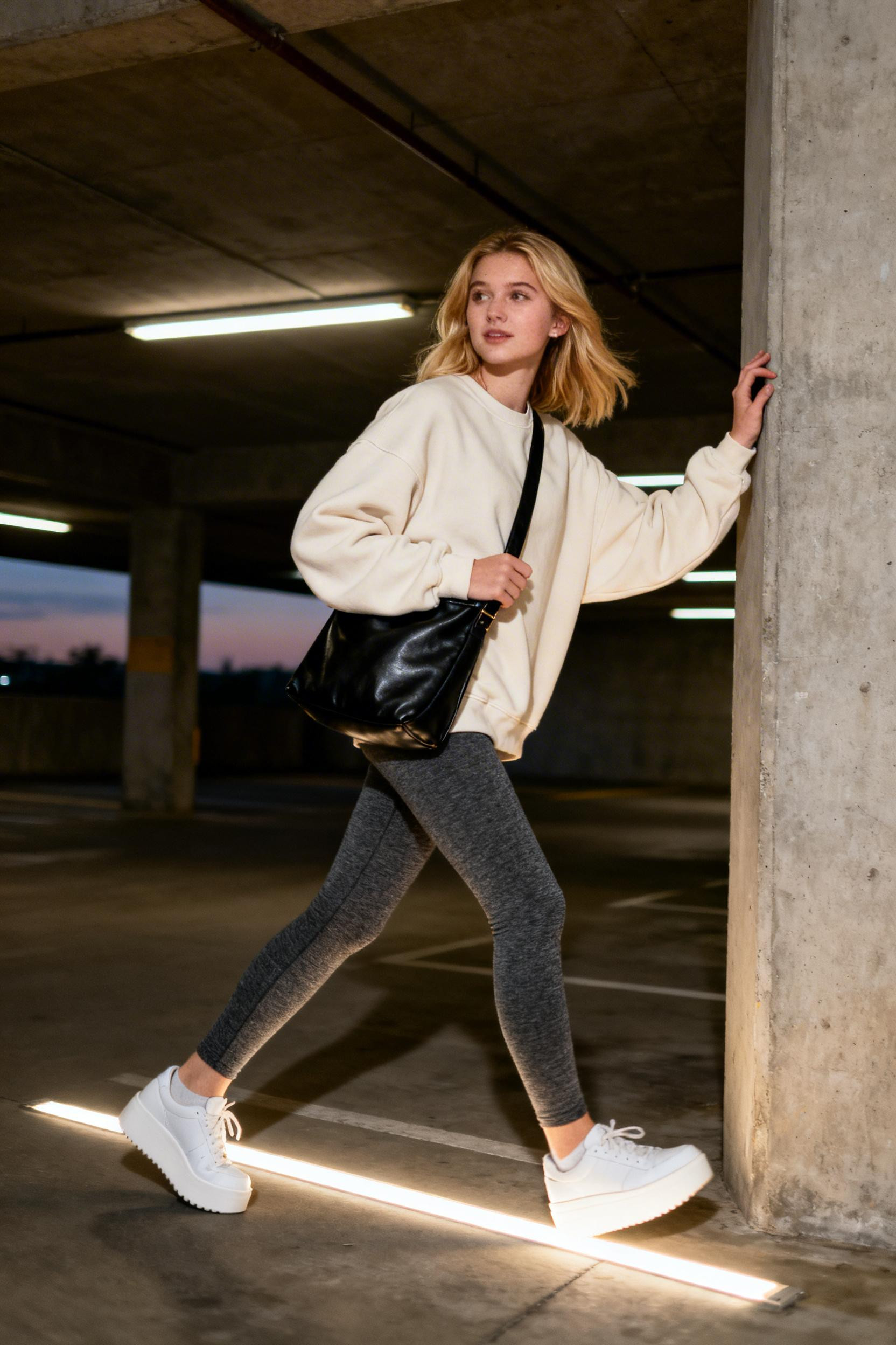 Dark grey leggings with cream sweatshirt