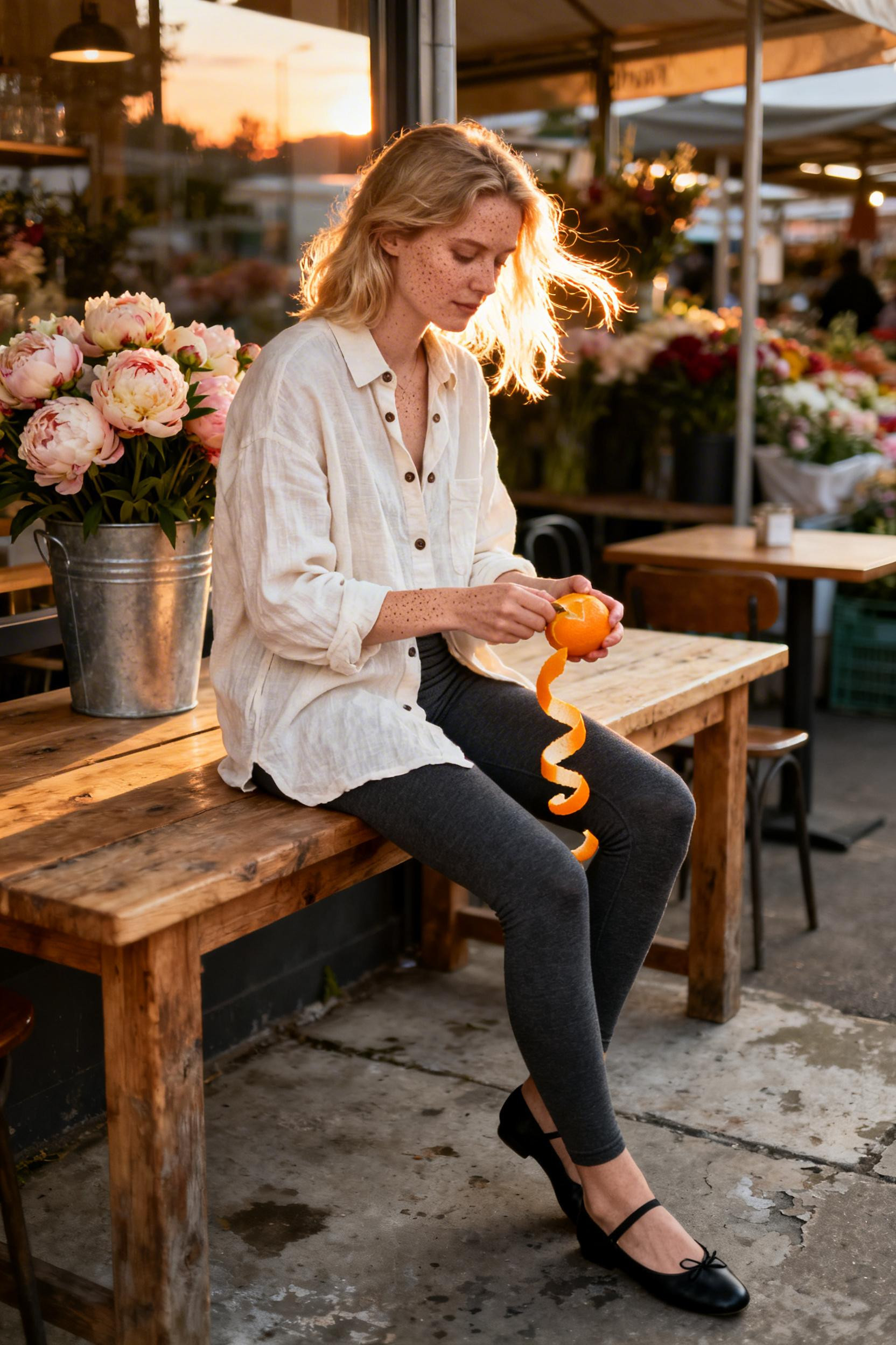 Dark grey leggings with oversized cream linen shirt