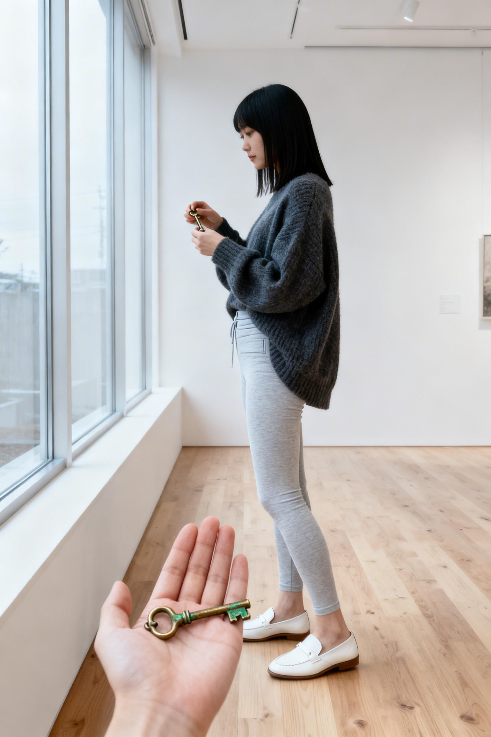 Light grey leggings with oversized charcoal knit sweater