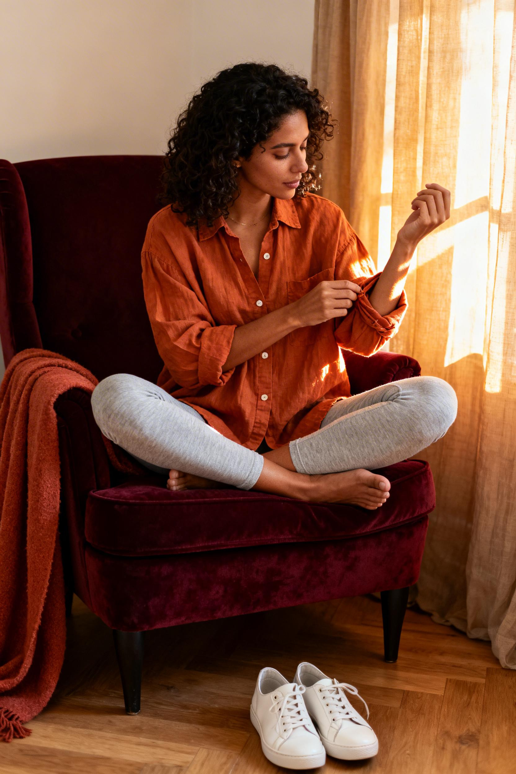 Light grey leggings with oversized burnt orange linen shirt