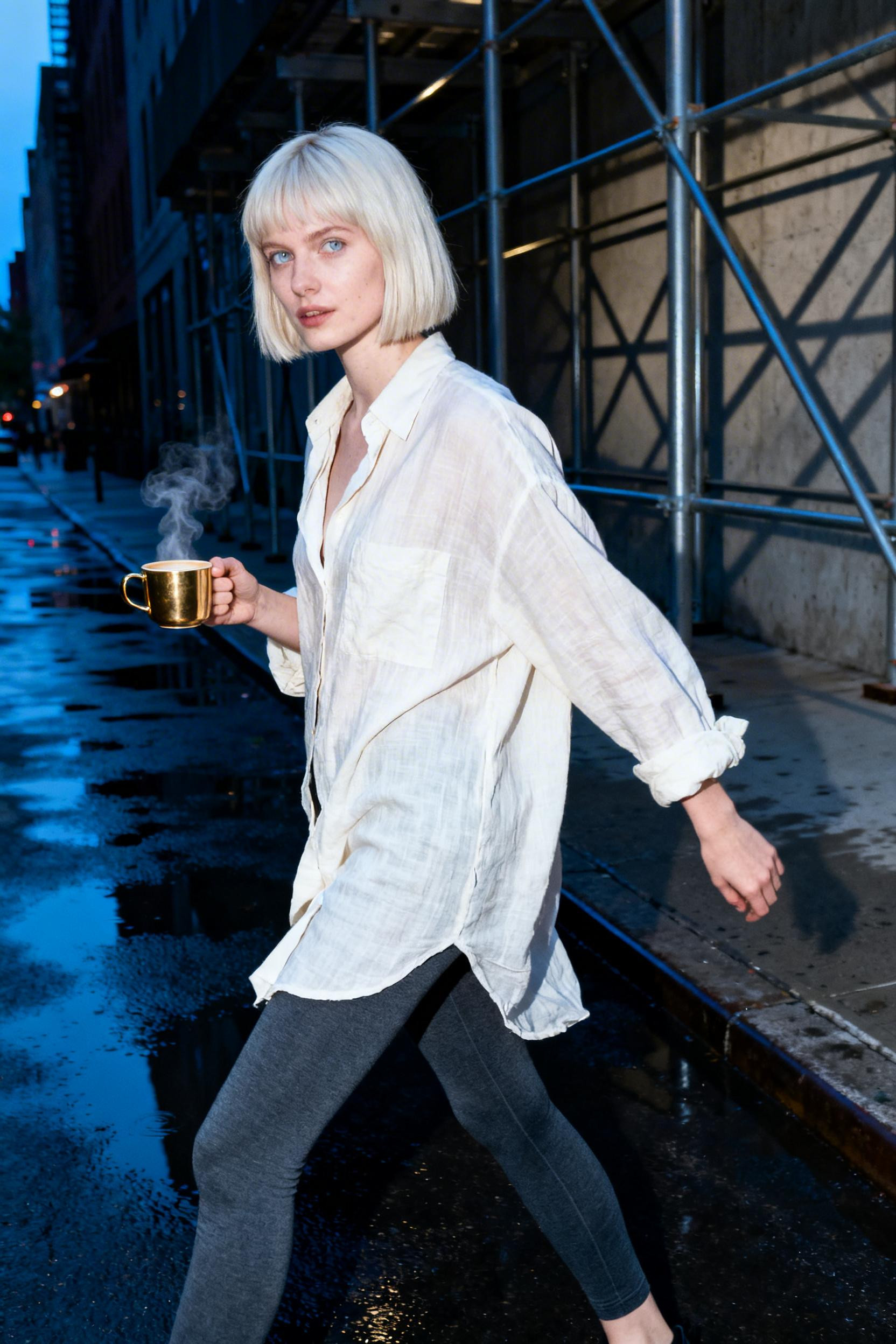 Grey leggings with oversized ivory linen shirt