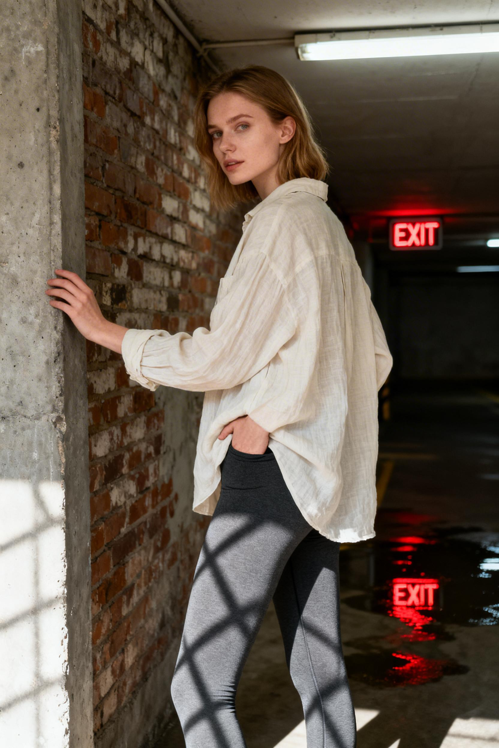 Grey leggings with oversized cream linen shirt