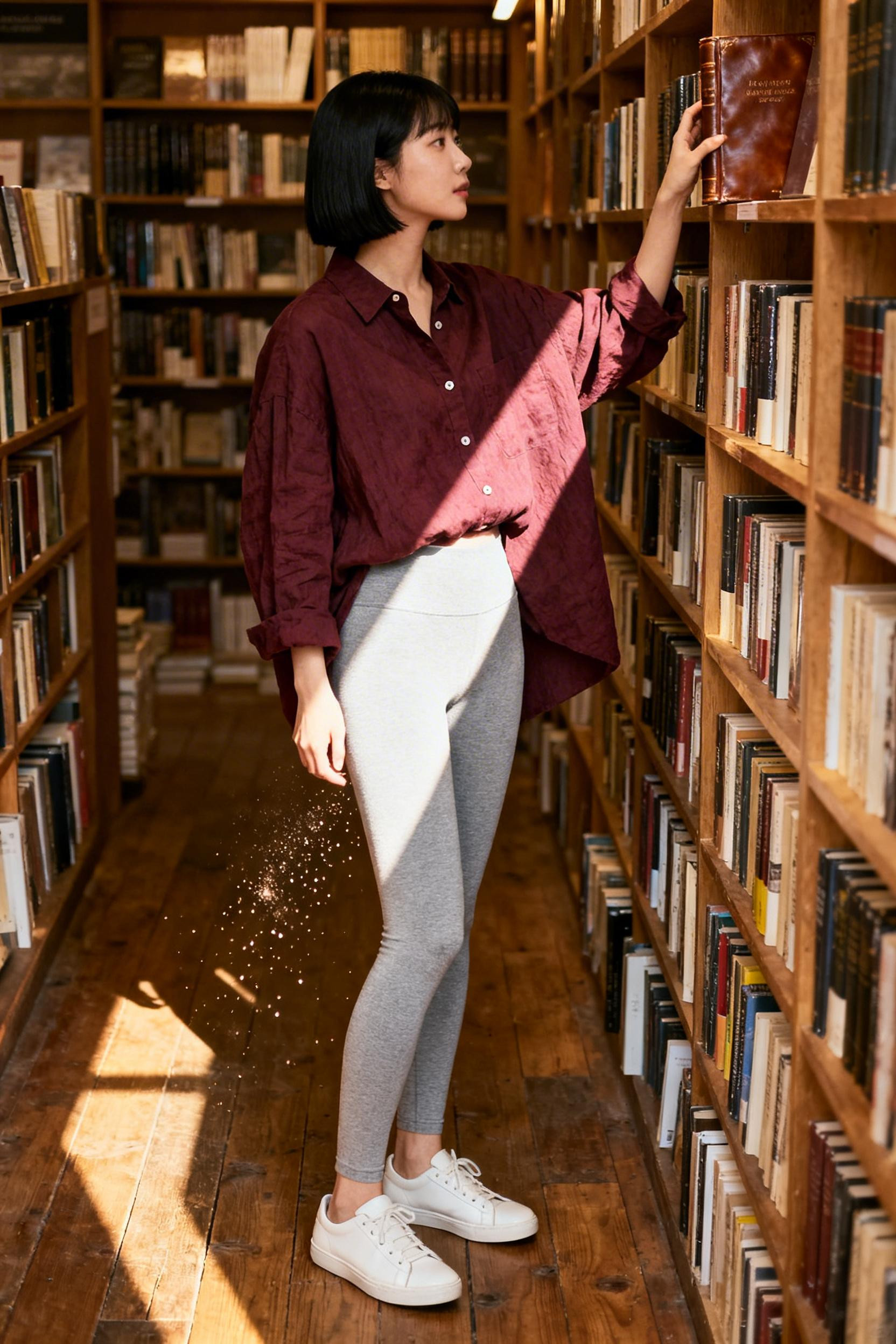 Light grey leggings with burgundy linen shirt