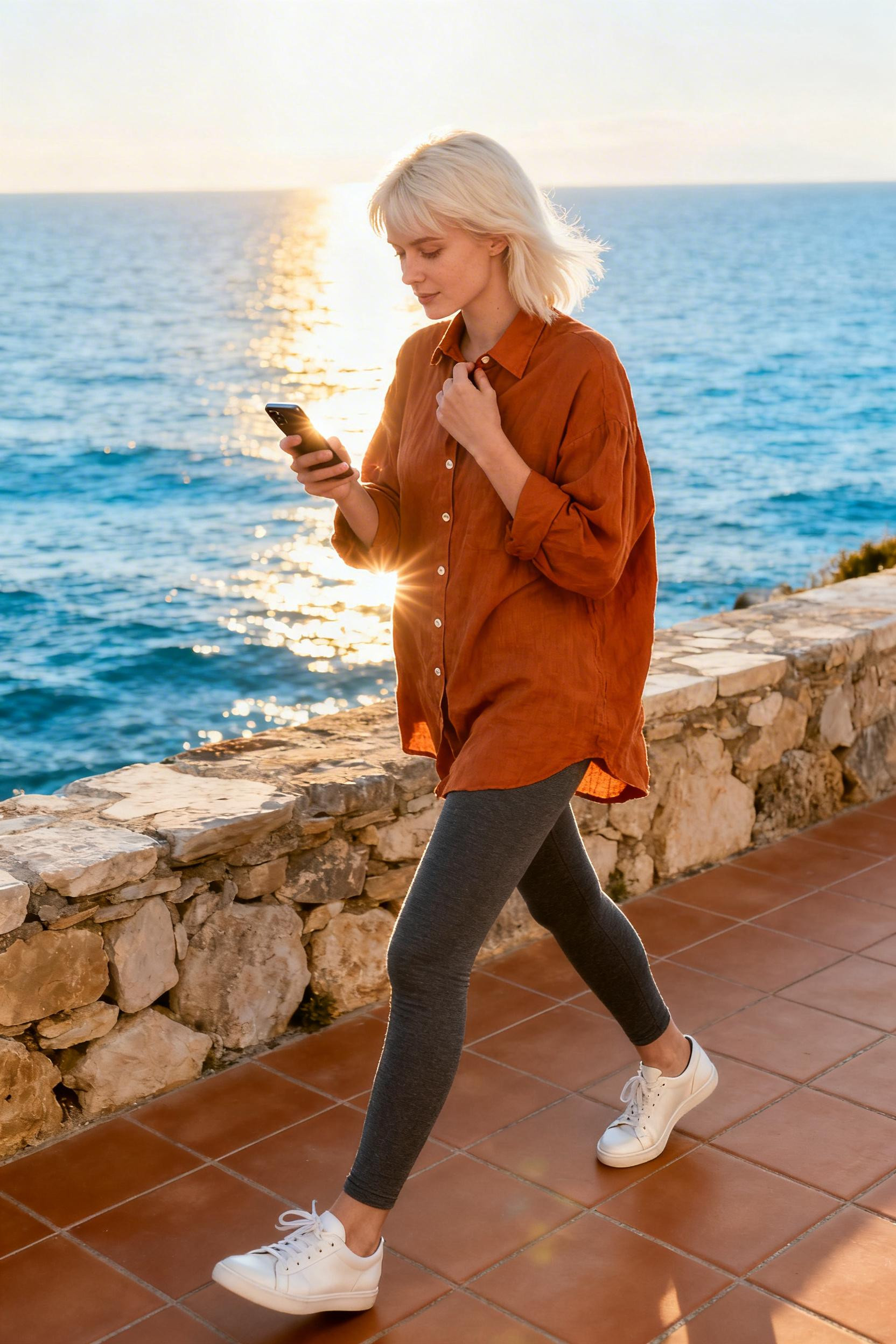 Grey leggings with burnt orange linen shirt