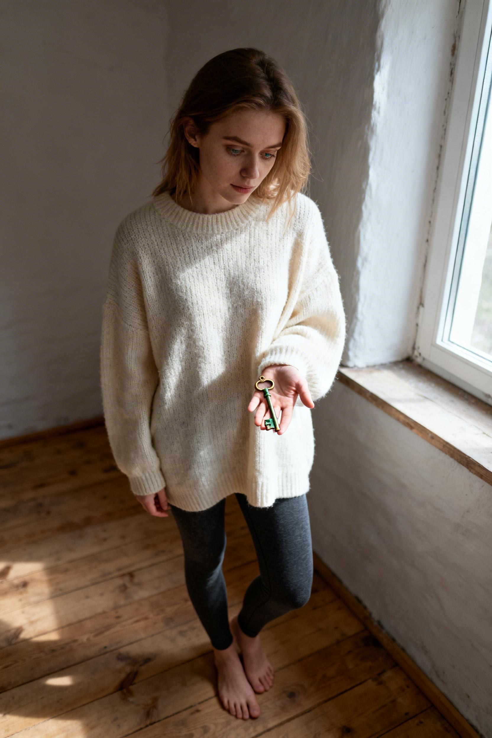 Dark grey leggings with oversized cream wool sweater