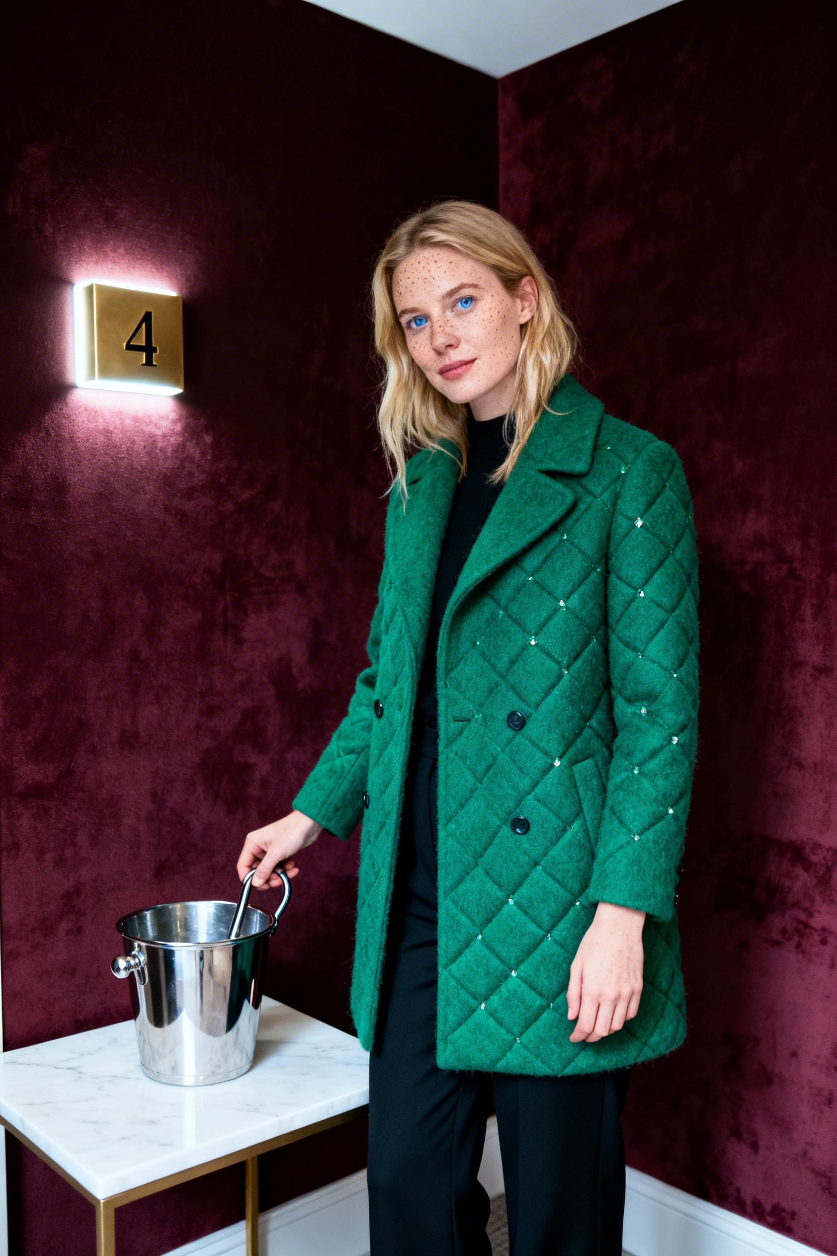 Nightout Outfits - emerald wool coat with black trousers