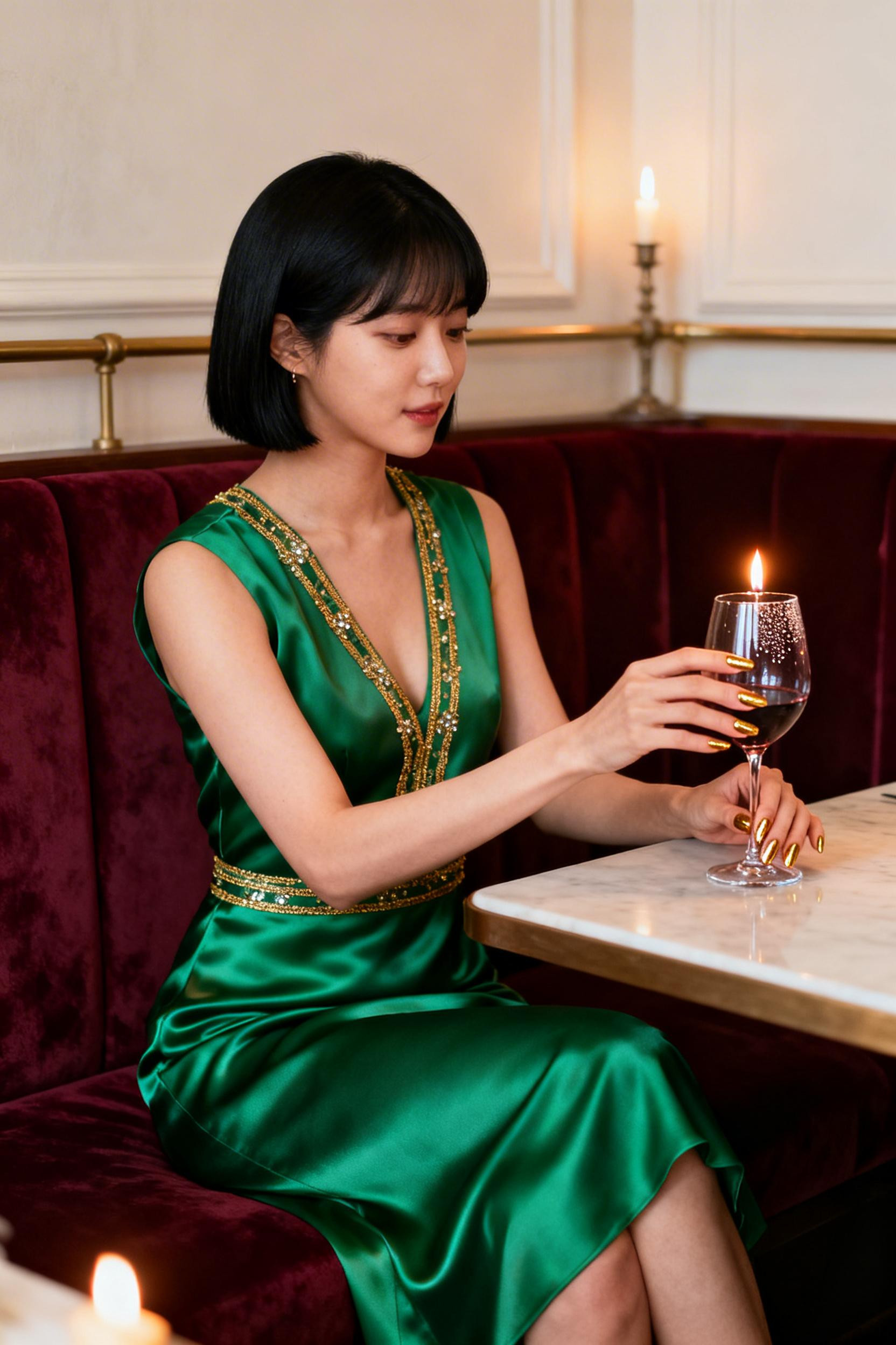 Fancy Dinner Outfit - emerald satin midi dress