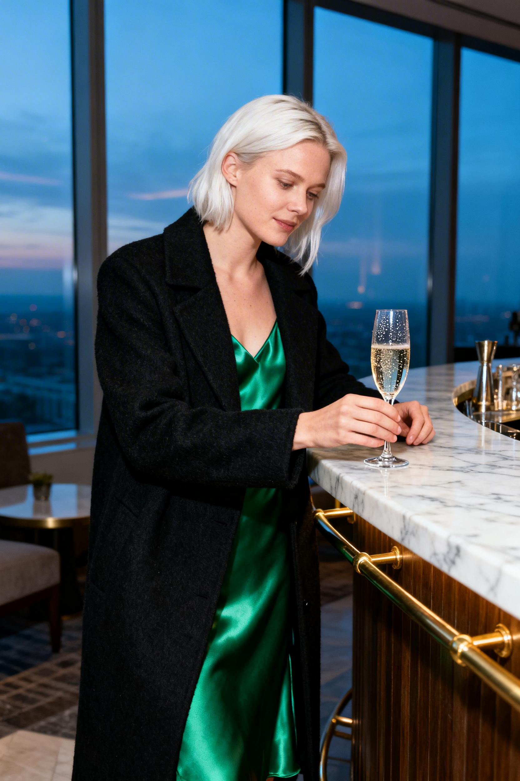 Date Night Looks - black coat emerald dress