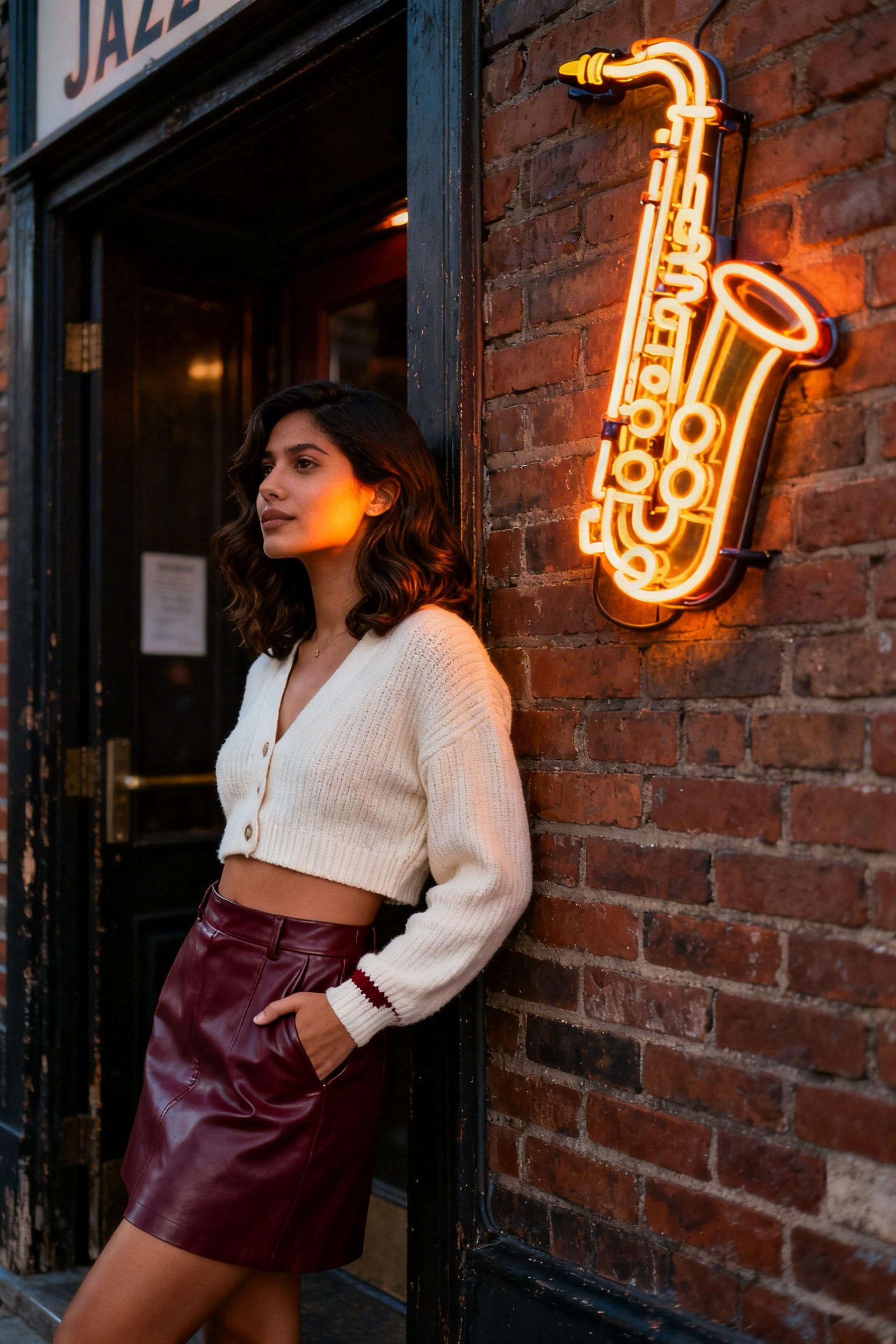 First Date Night Outfit - cream cardigan burgundy leather skirt