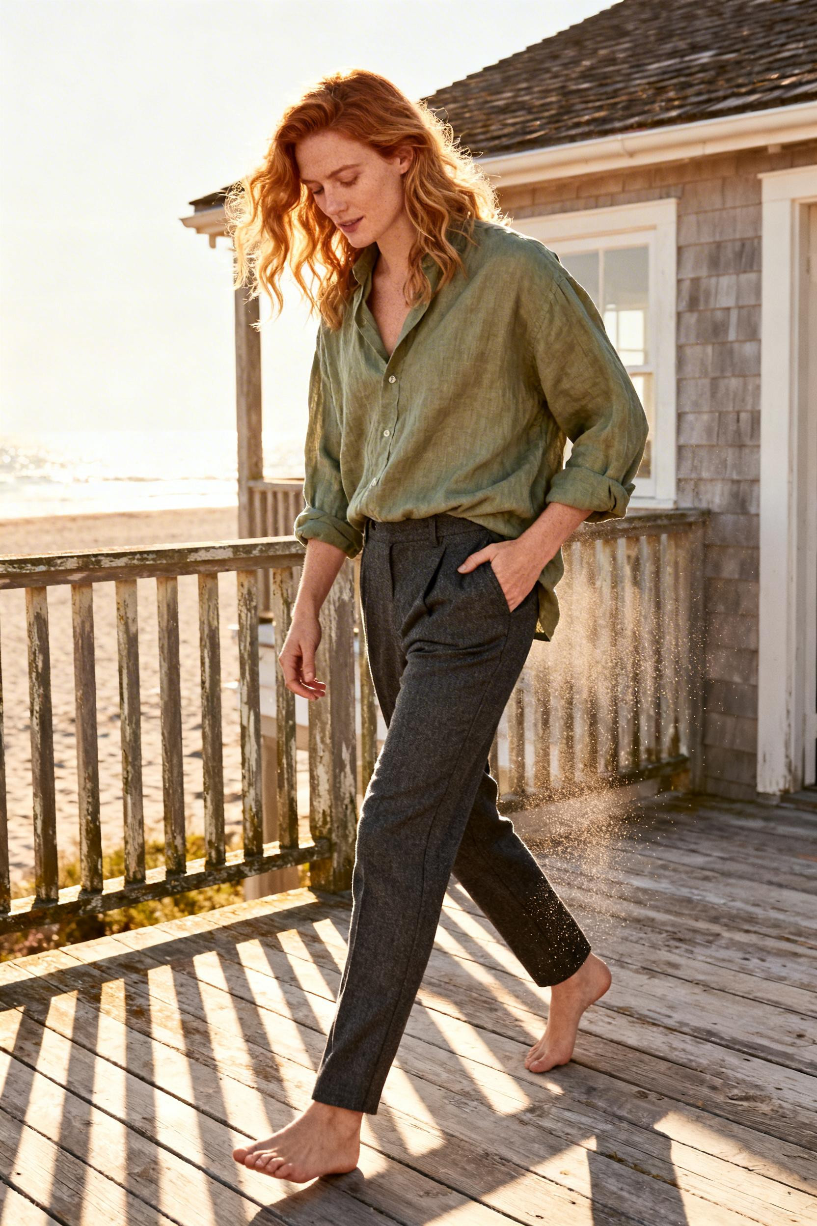 Date Night Looks - sage green linen shirt charcoal trousers