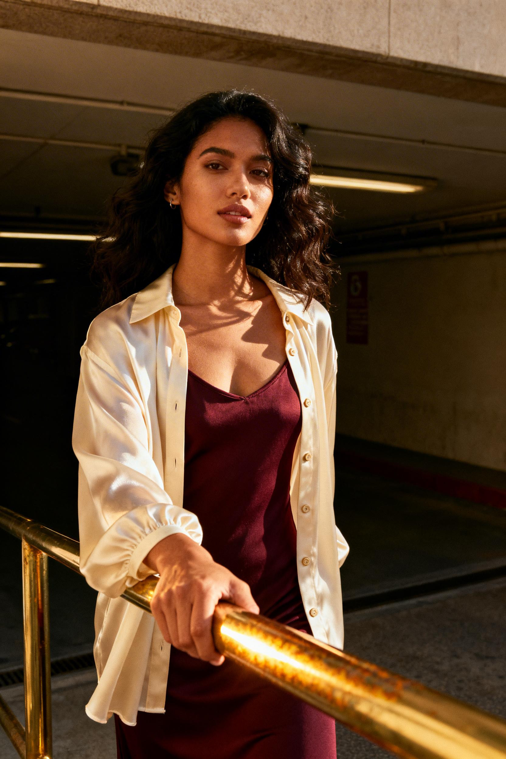 Casual Bar Outfits - cream silk shirt burgundy slip dress