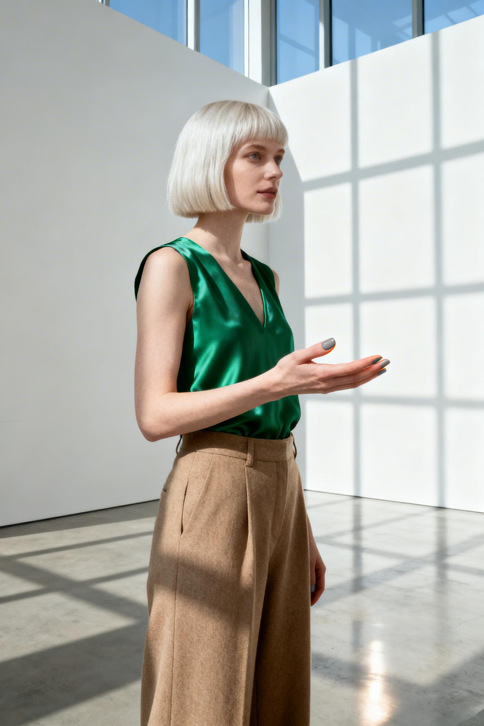 Nightout Summer Outfit - camel trousers emerald silk top