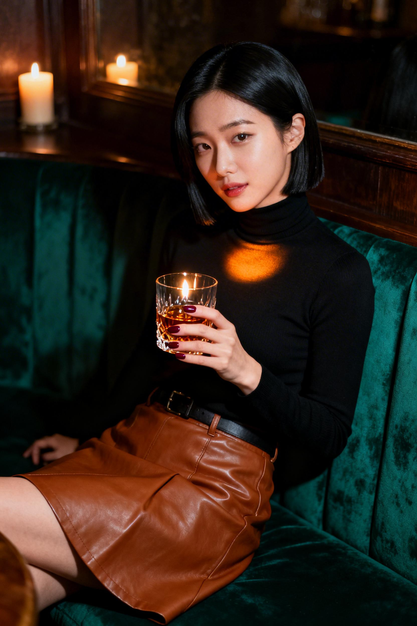 First Date Night Outfit - black turtleneck caramel leather skirt