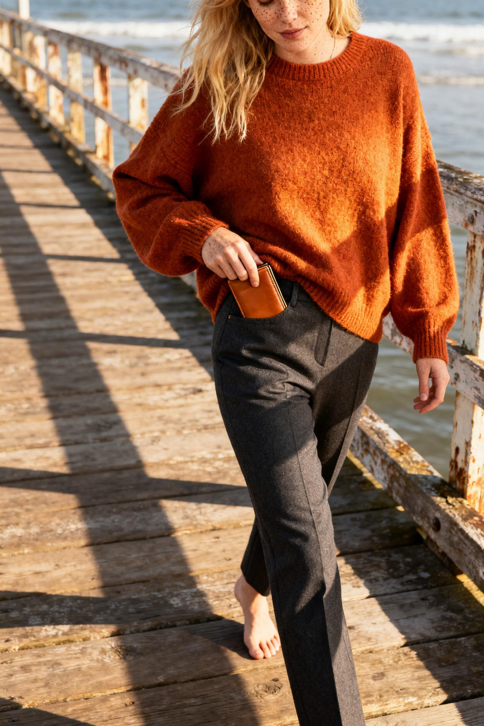 Date Night Outfits For Women - burnt orange sweater charcoal trousers