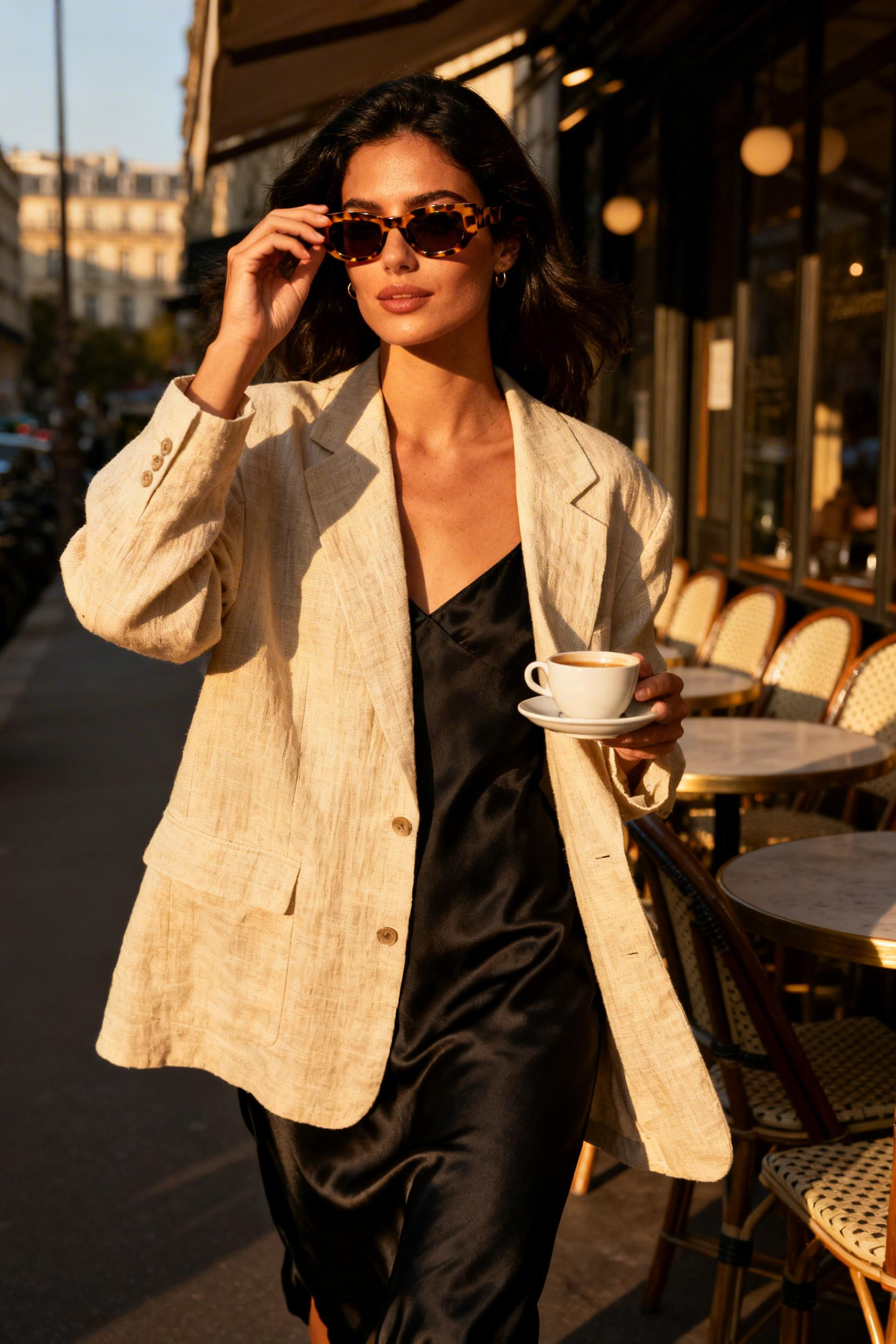 First Date Outfit Night - wheat linen blazer black slip dress