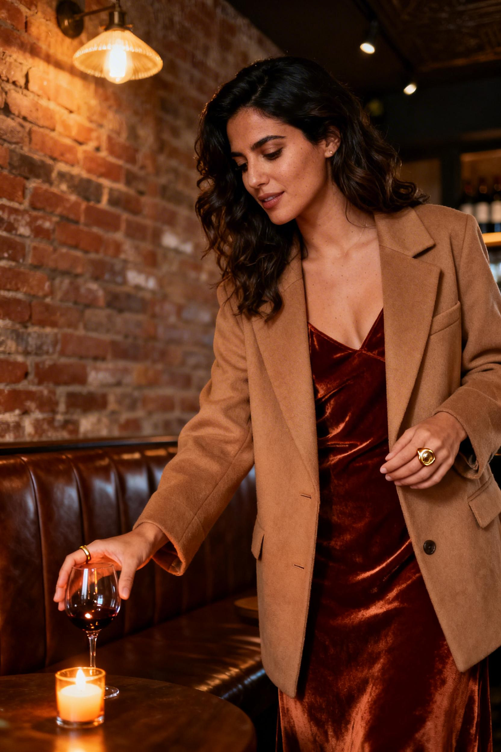 Fancy Dinner Outfit - burnt sienna velvet slip camel coat