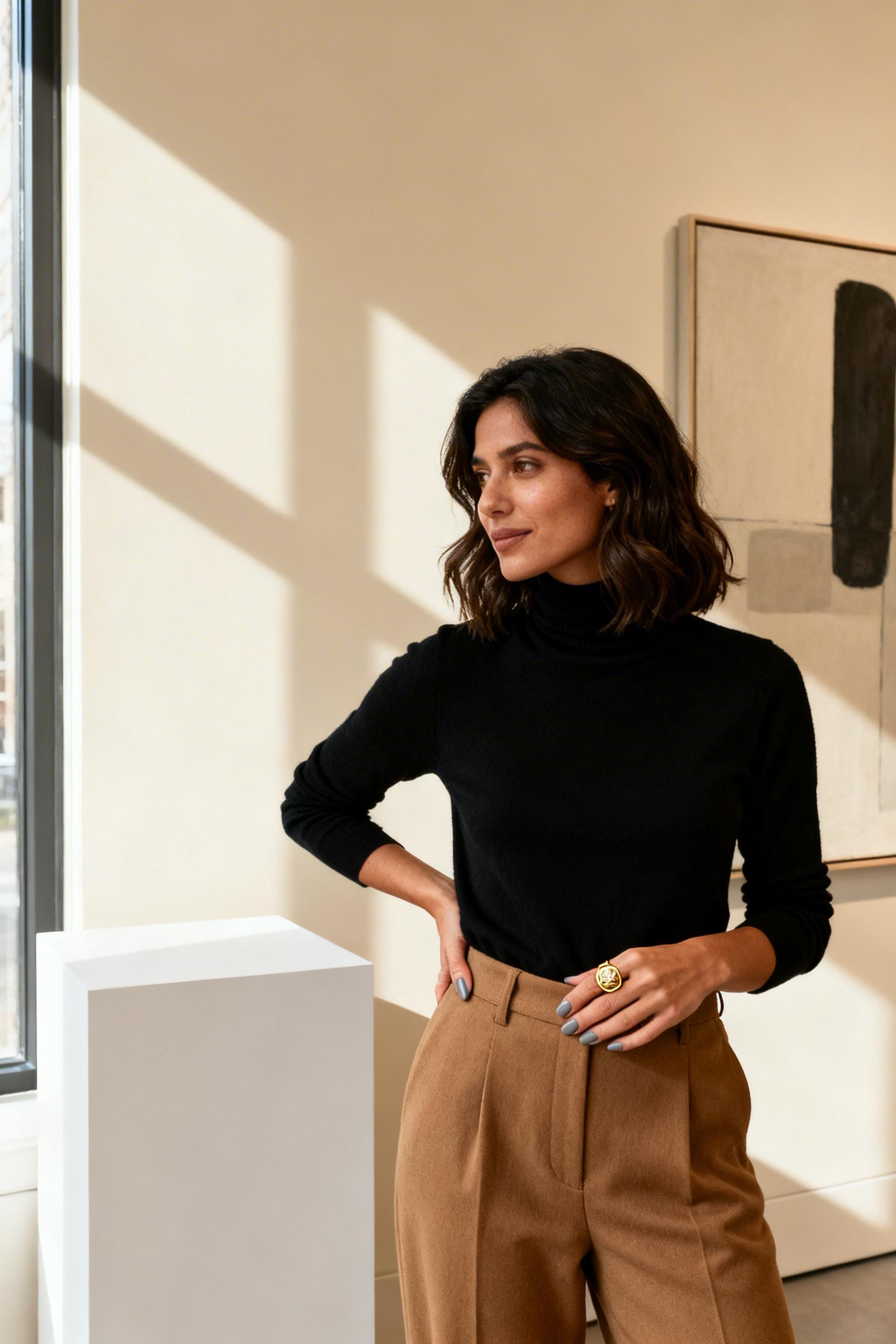 Date Night Looks - black turtleneck camel trousers