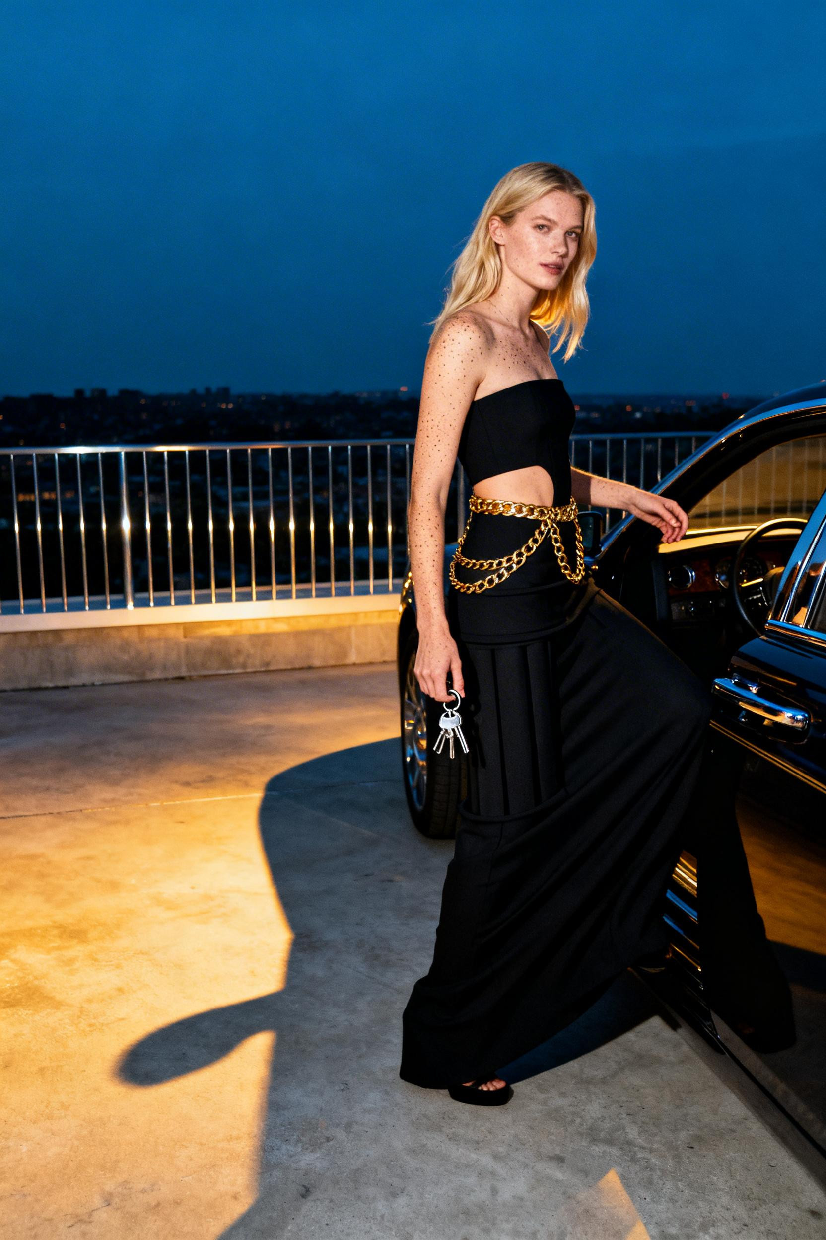 First Date Outfit Night - black column gown gold chains