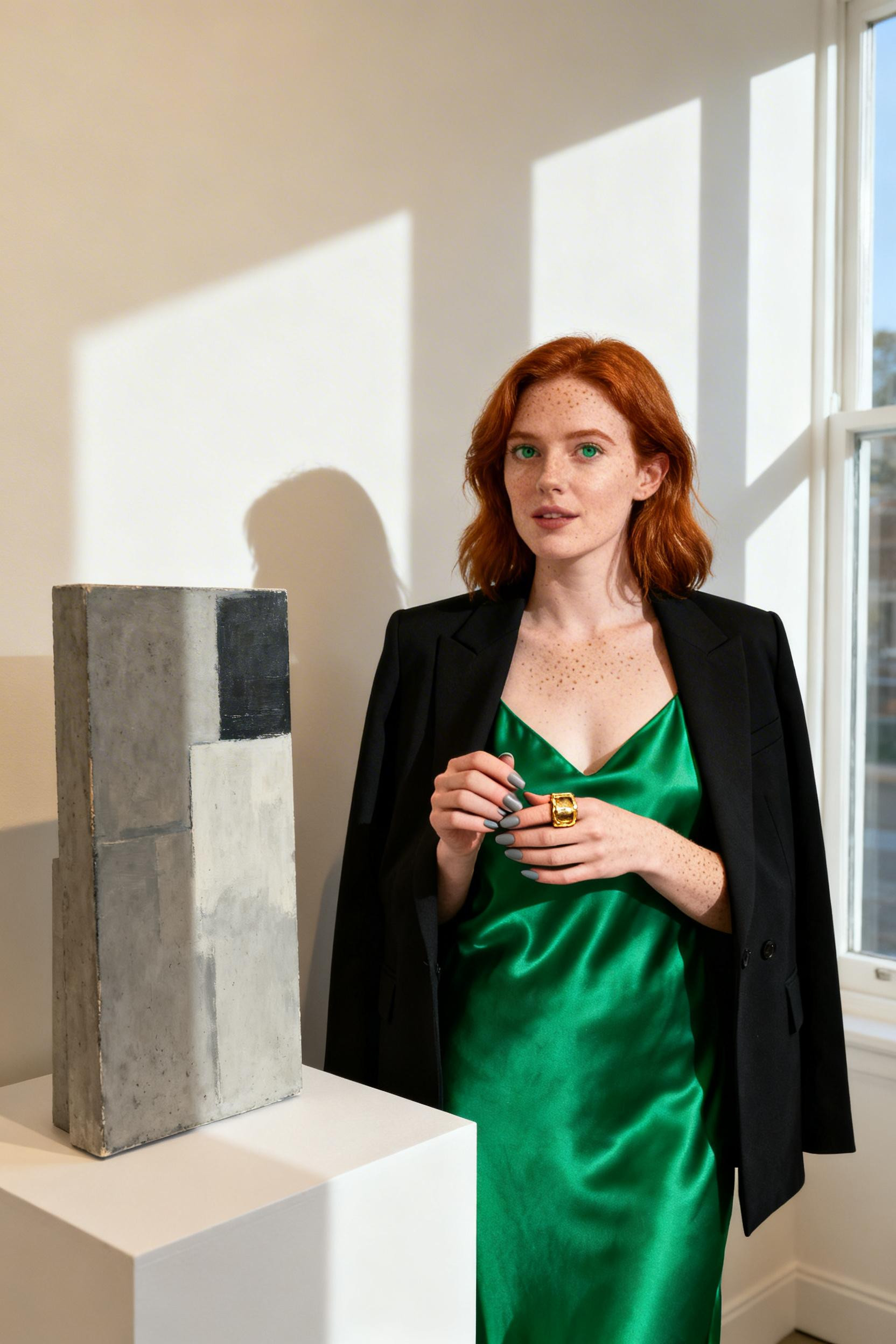 Dressy Date Night Outfit - emerald slip black blazer