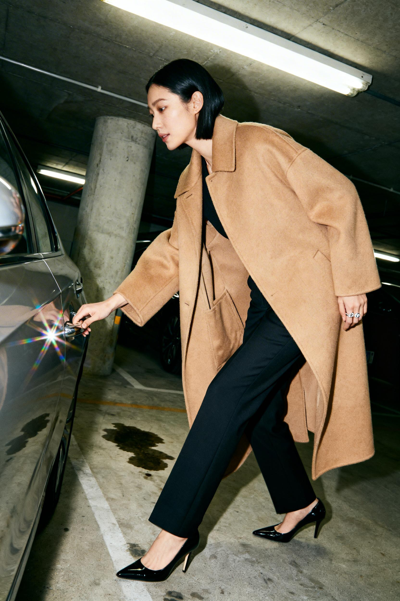 Birthday Dinner Outfit - camel coat black trousers