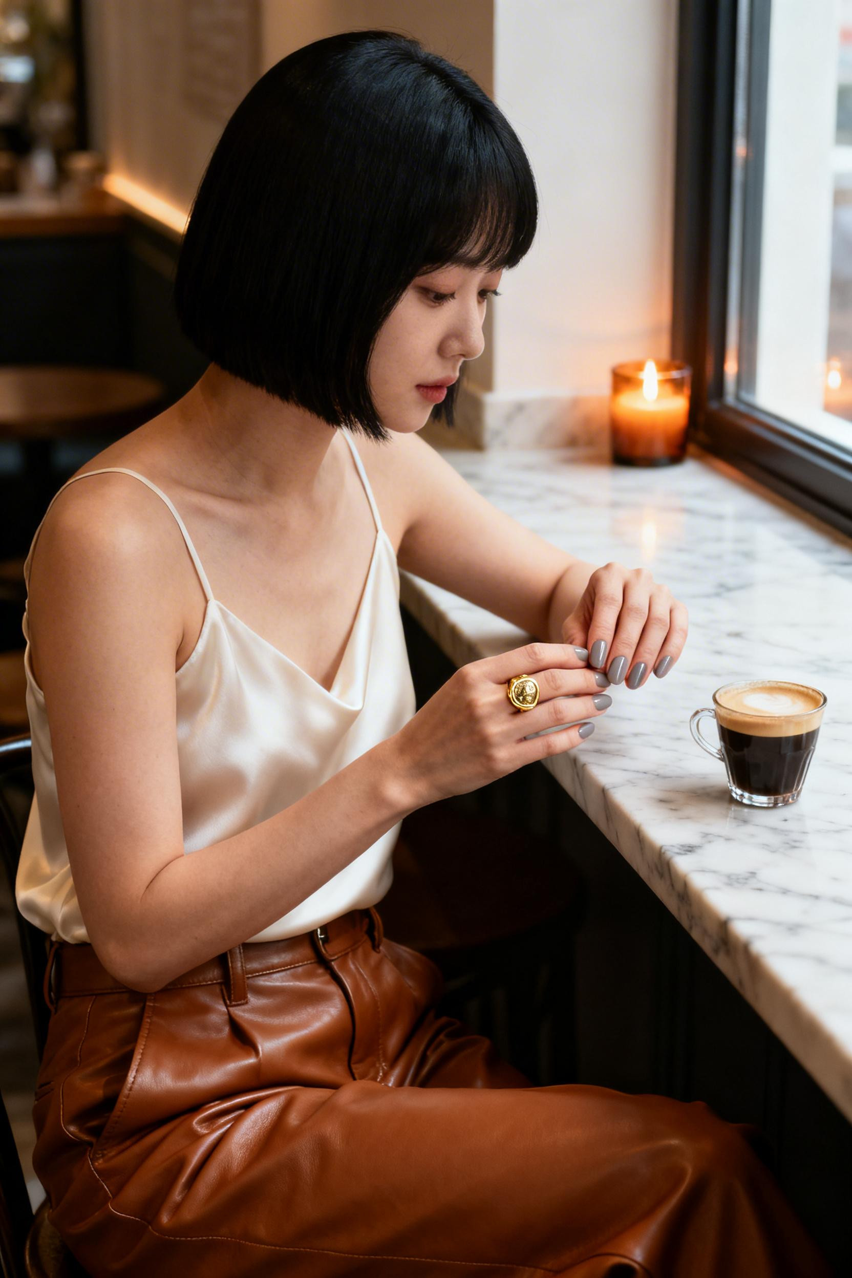 Date Night Looks - cream cami cognac leather trousers