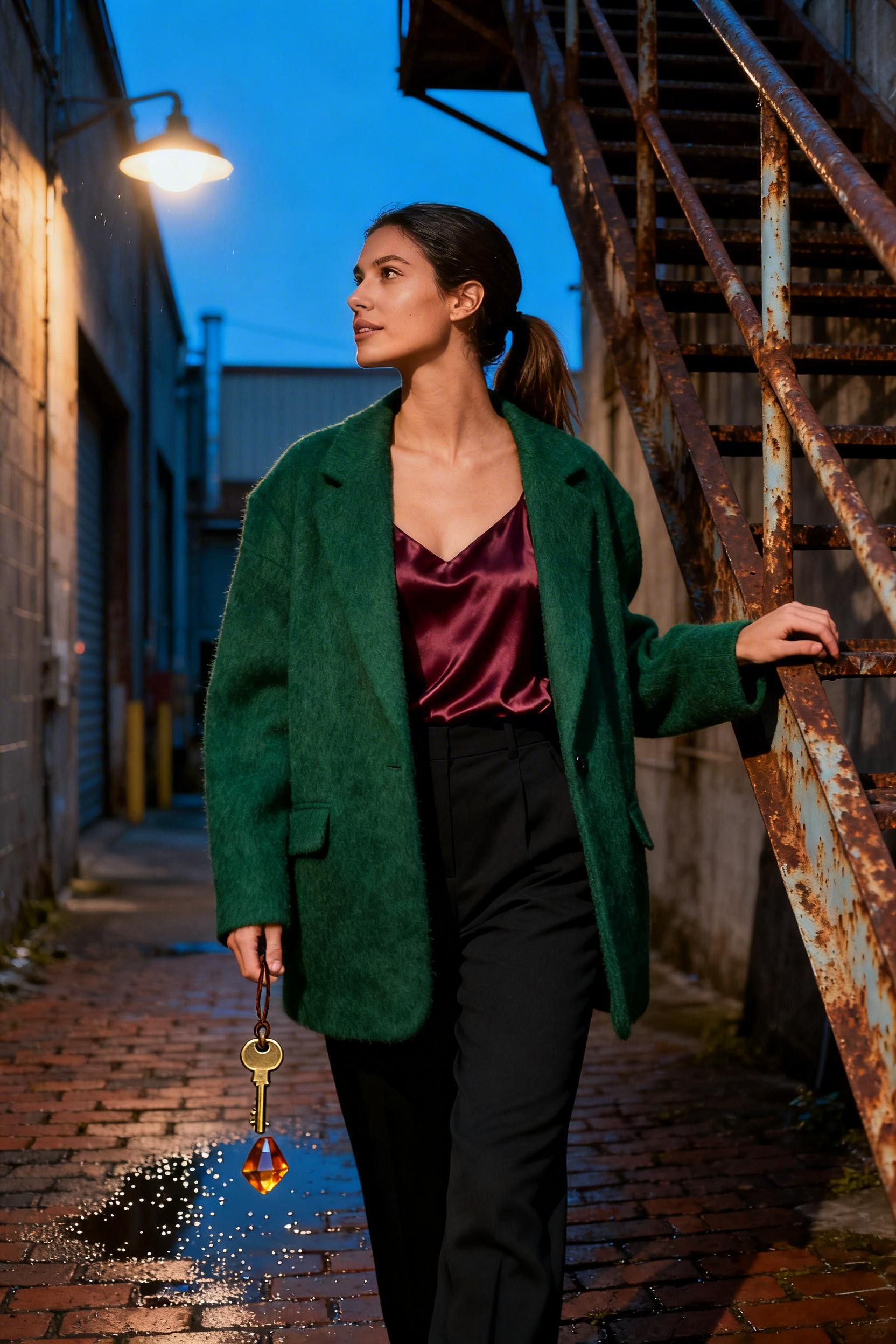Birthday Dinner Outfit - forest green blazer burgundy camisole