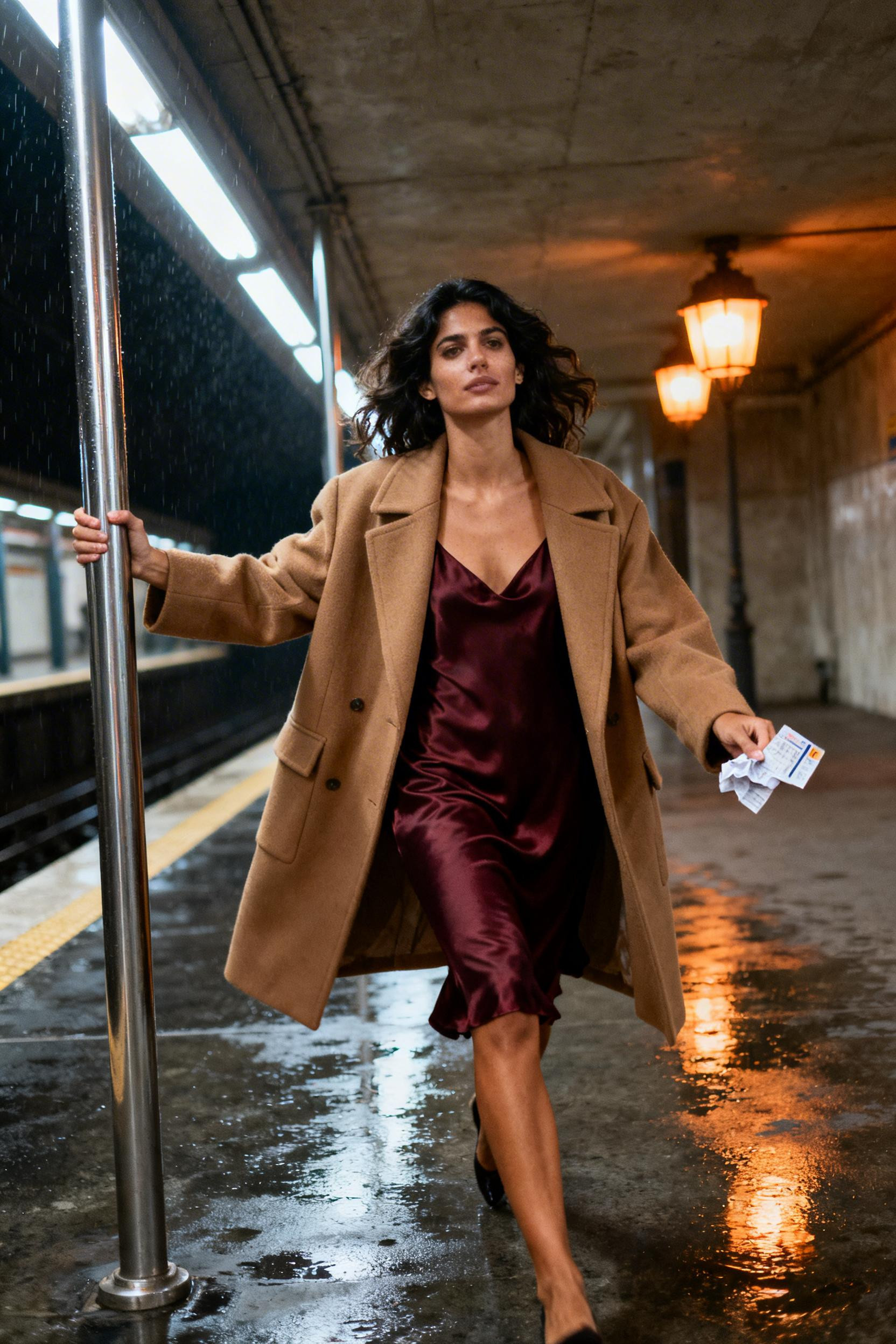 Fancy Dinner Outfit - oxblood slip dress camel coat