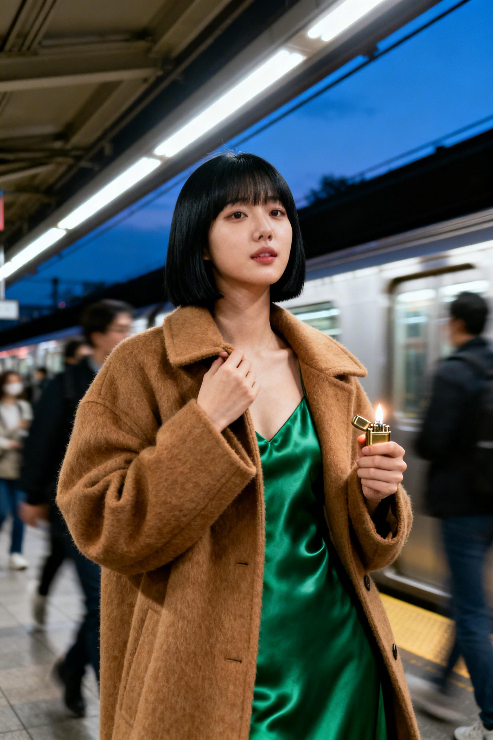 First Date Night Outfit - caramel coat emerald slip dress