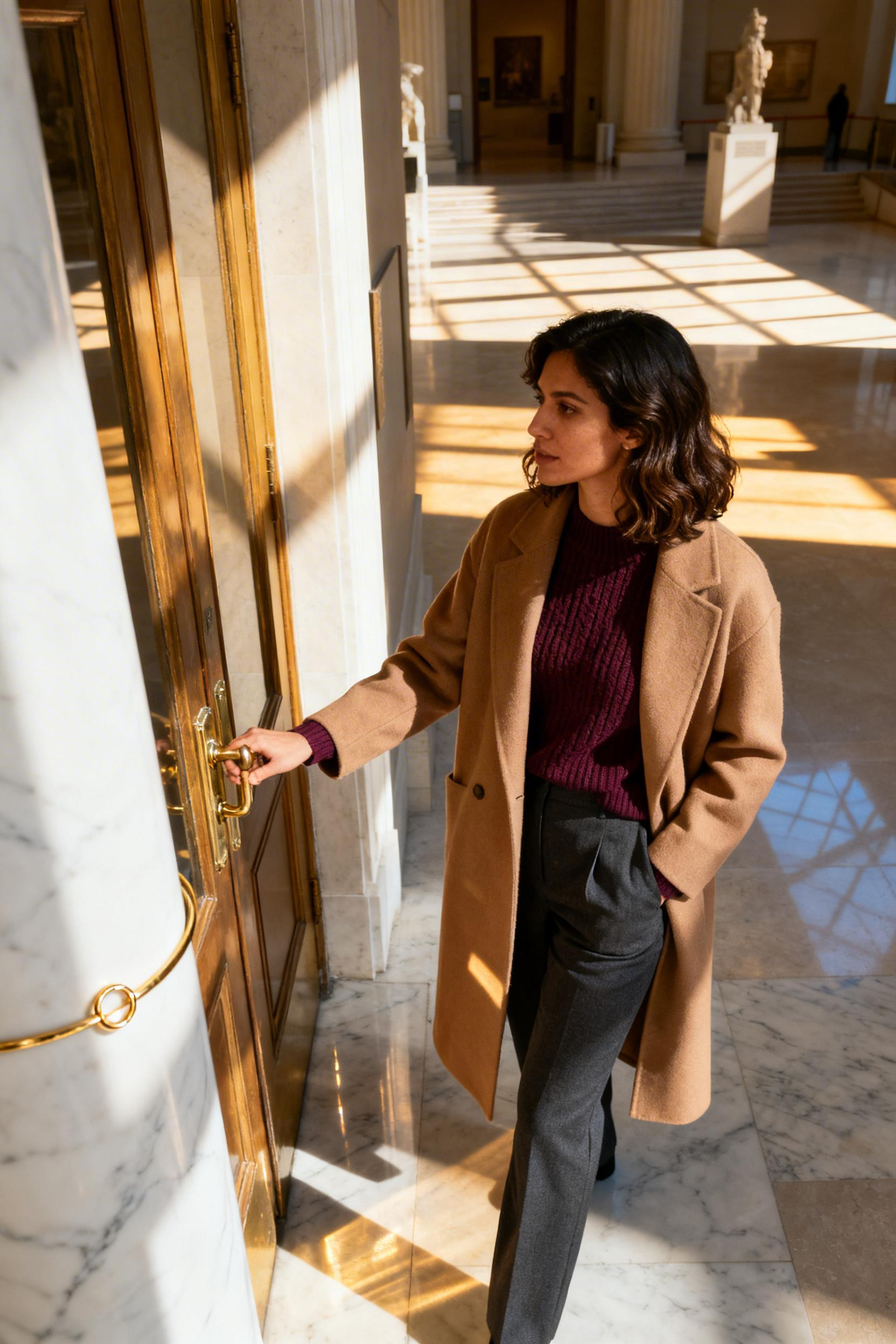 Fall Outfits Going Out Night - camel coat burgundy sweater