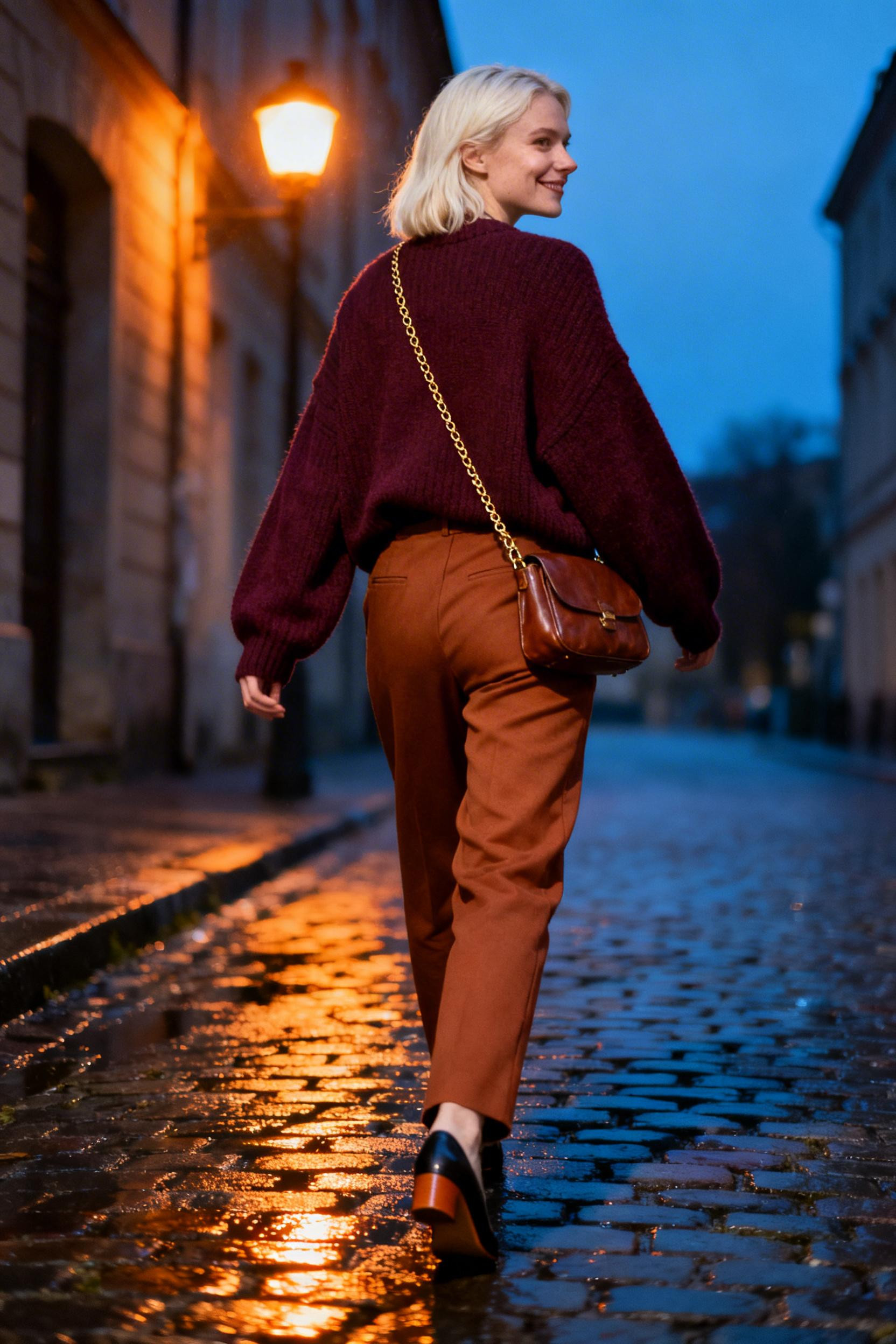 Datenight Fall Outfits - burgundy sweater caramel trousers