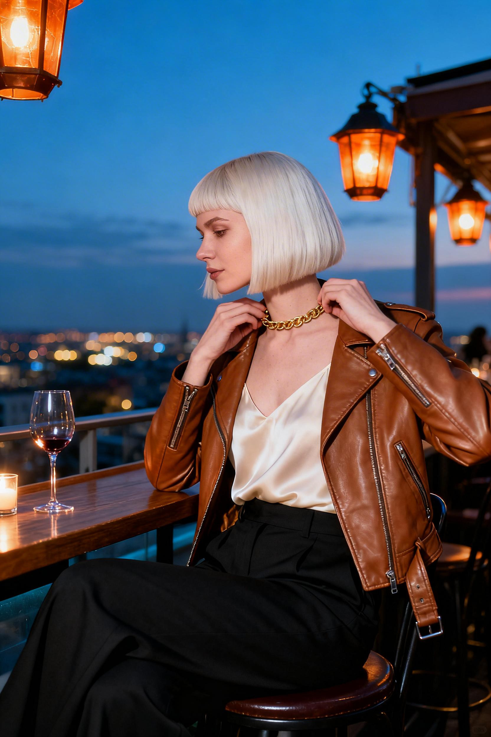 Cold Date Night Outfit - caramel leather jacket silk slip dress