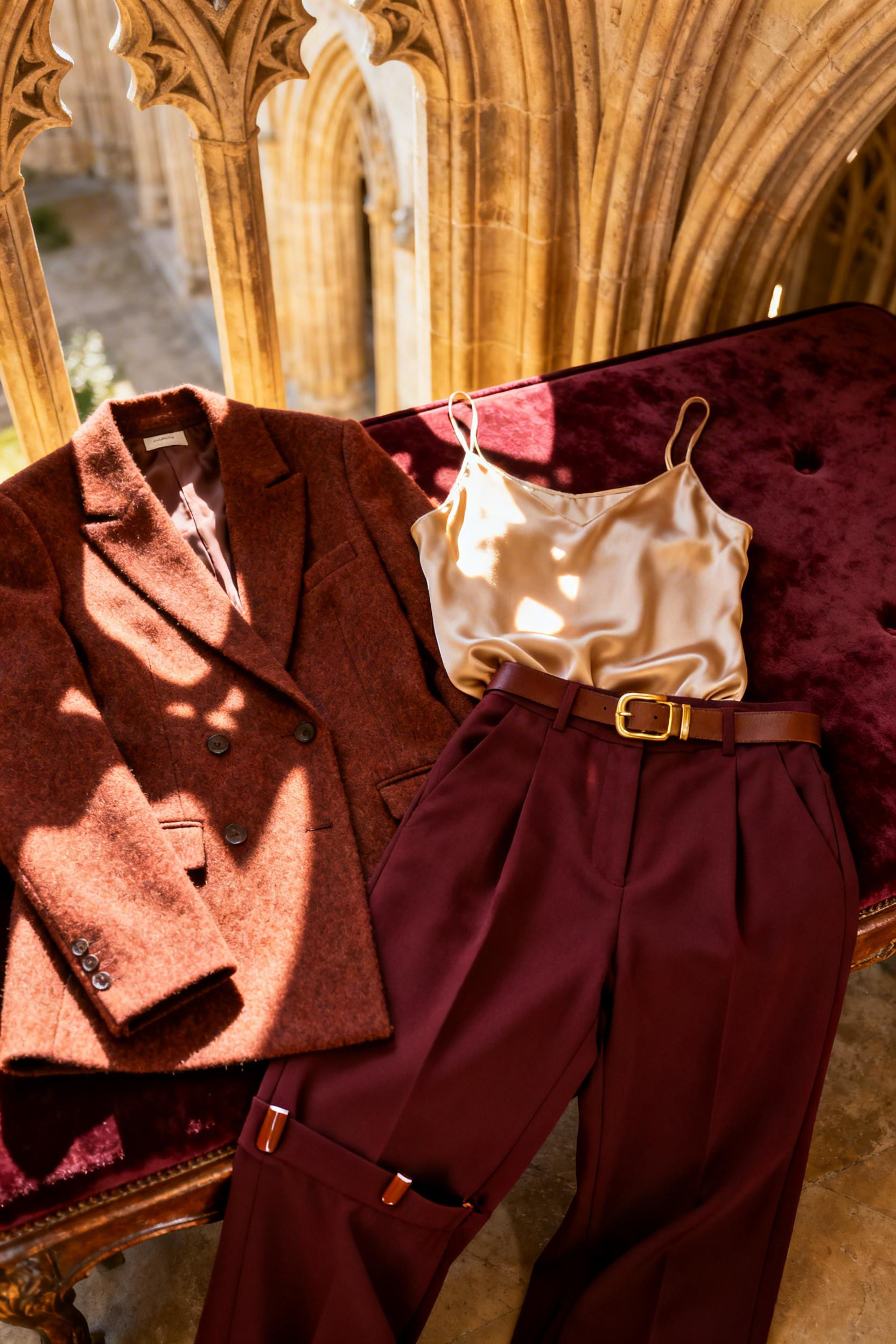 Fall Dinner Outfit Classy - burnt sienna blazer burgundy trousers
