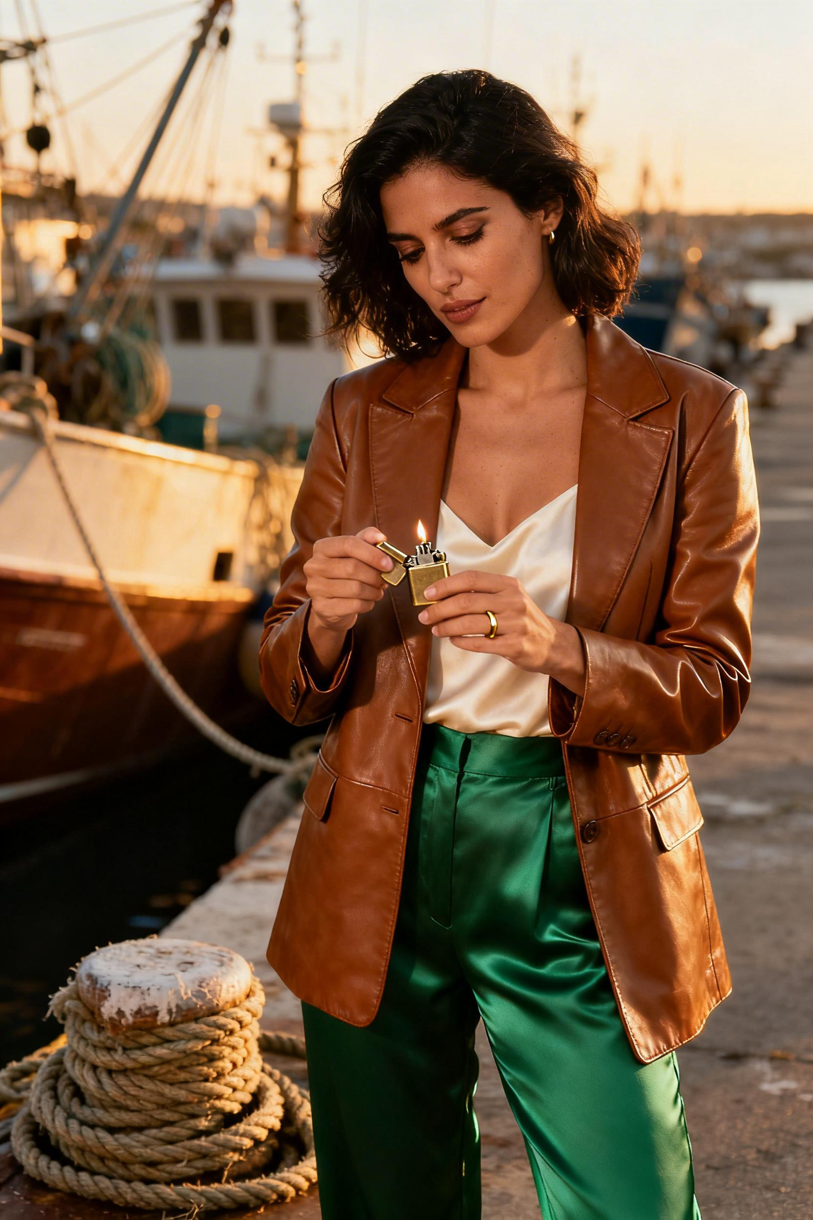 Christmas Party Outfits - cognac leather blazer emerald satin trousers