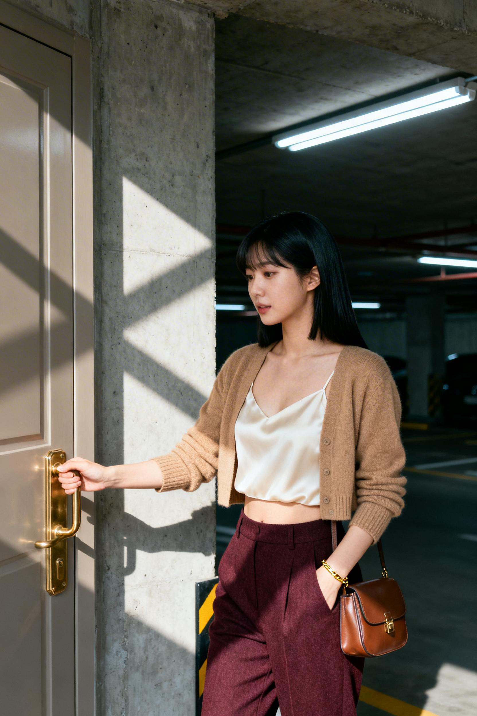 Fall Dinner Date Outfit - camel cardigan burgundy trousers