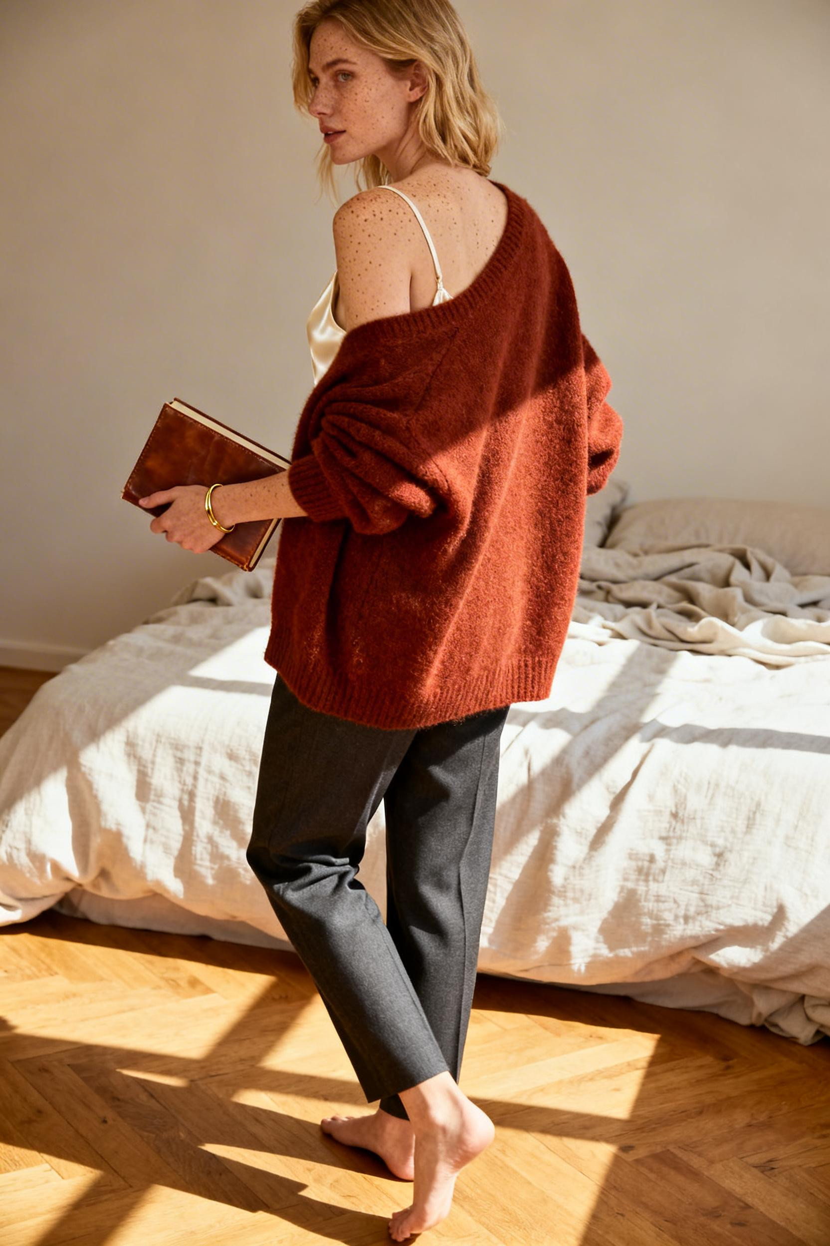 Autumn Date Night Outfit - terracotta sweater charcoal trousers