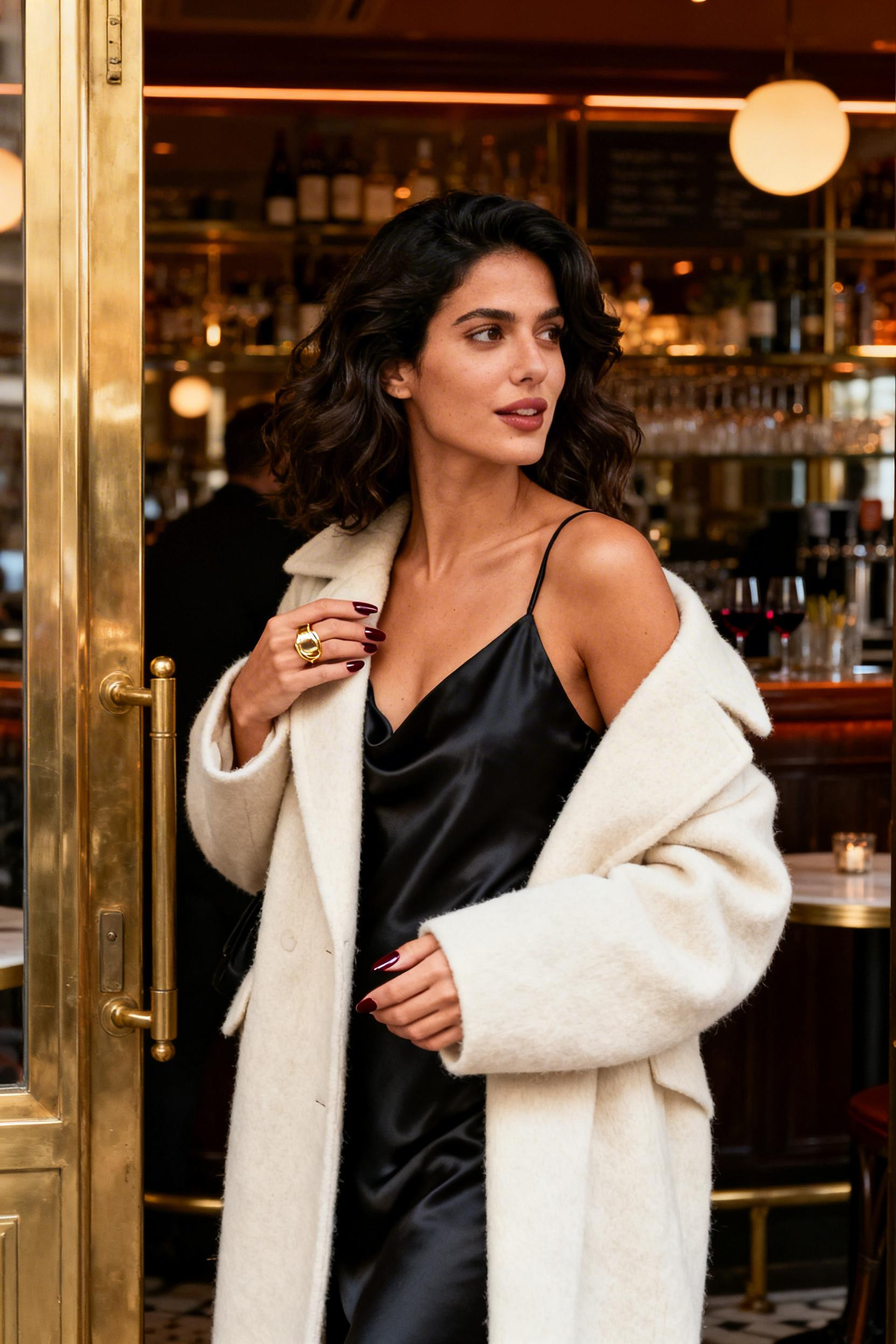Date Night Looks Classy - black slip dress cream wool coat