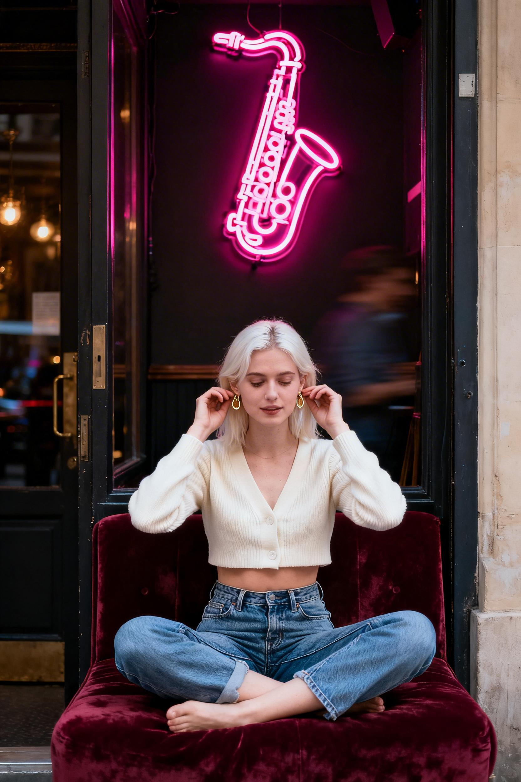 Dressy Date Night Outfit - cream cardigan vintage denim