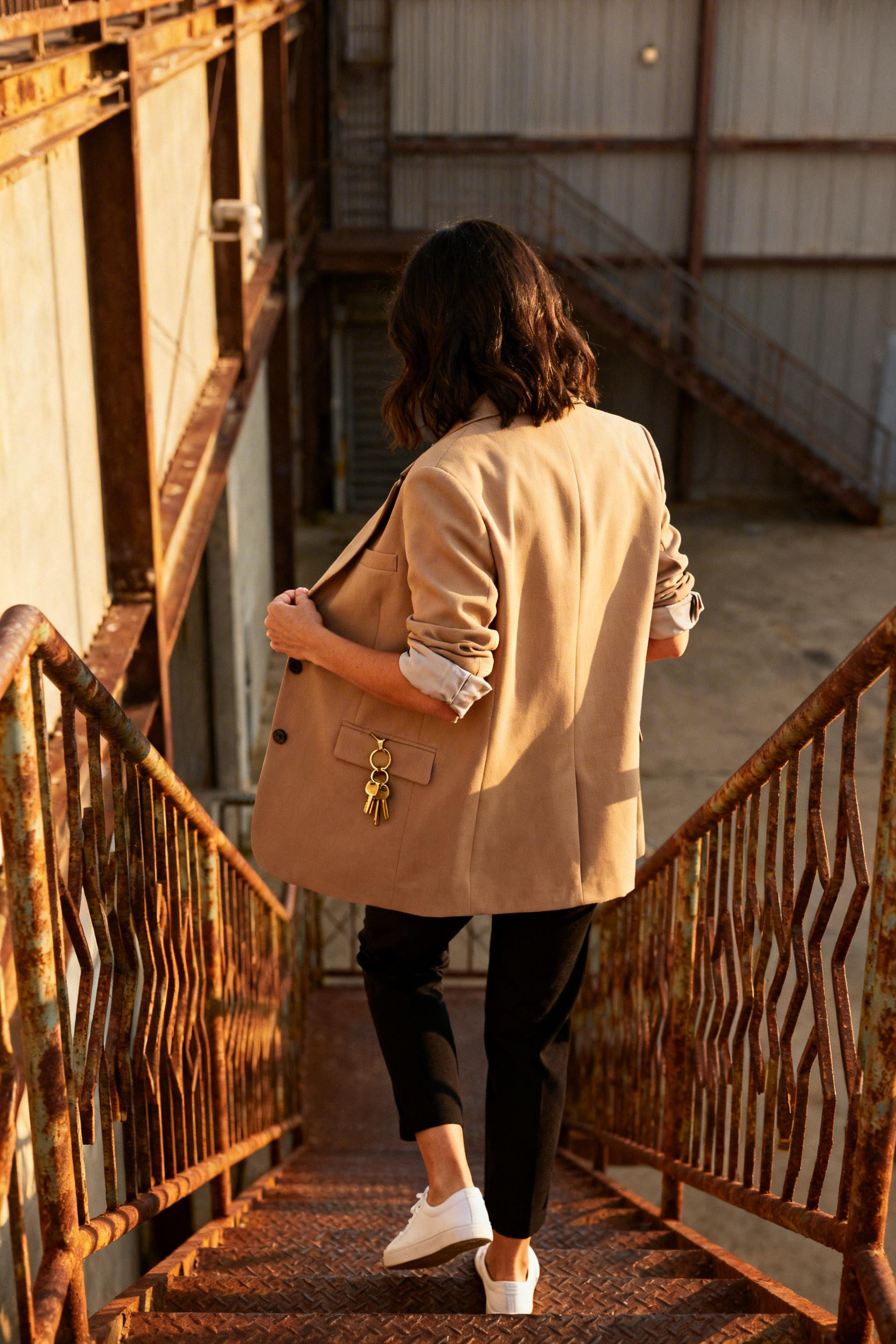 Date Night Style - beige tailored blazer black trousers sneakers