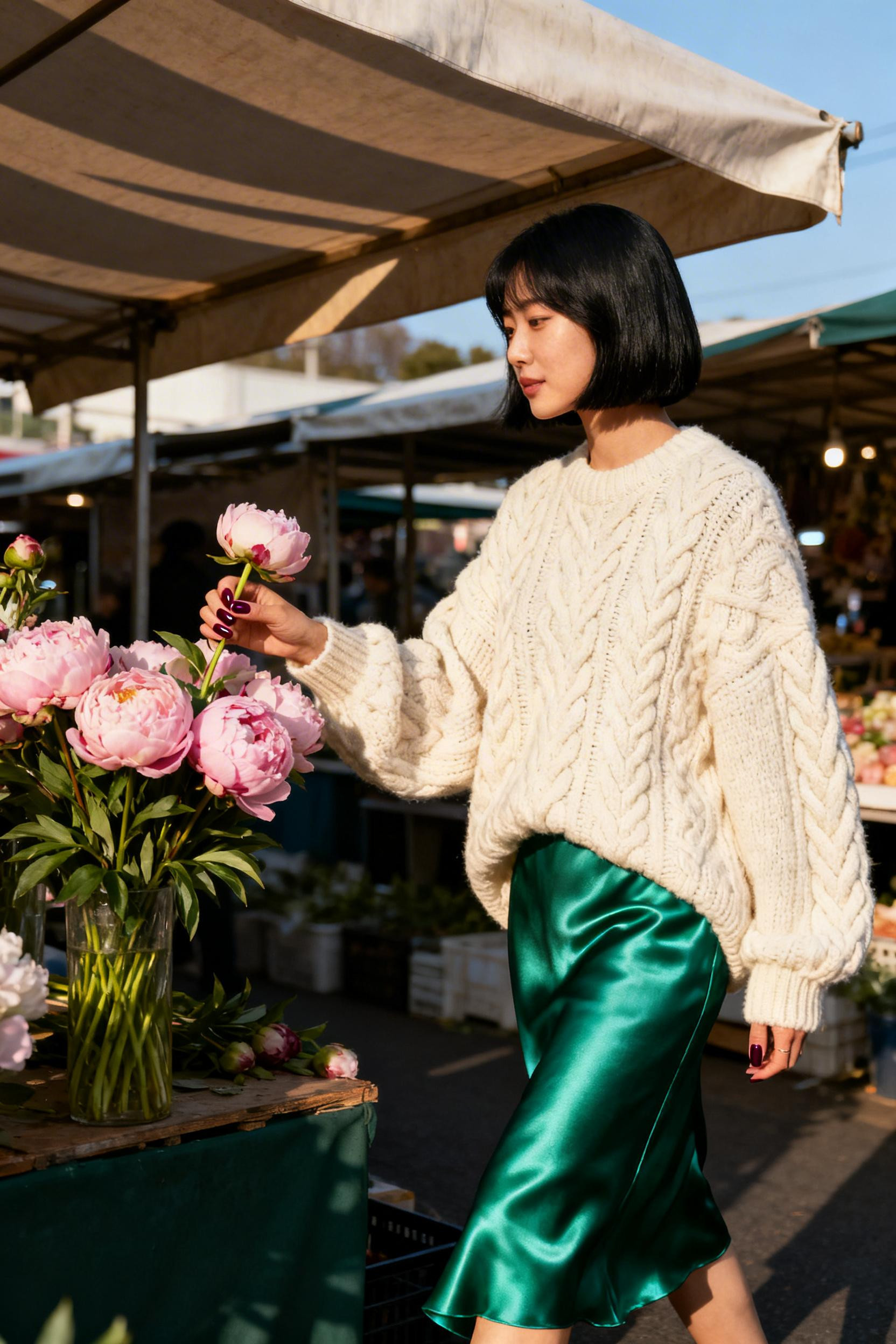 Chic Date Night Outfit - emerald satin skirt cream sweater