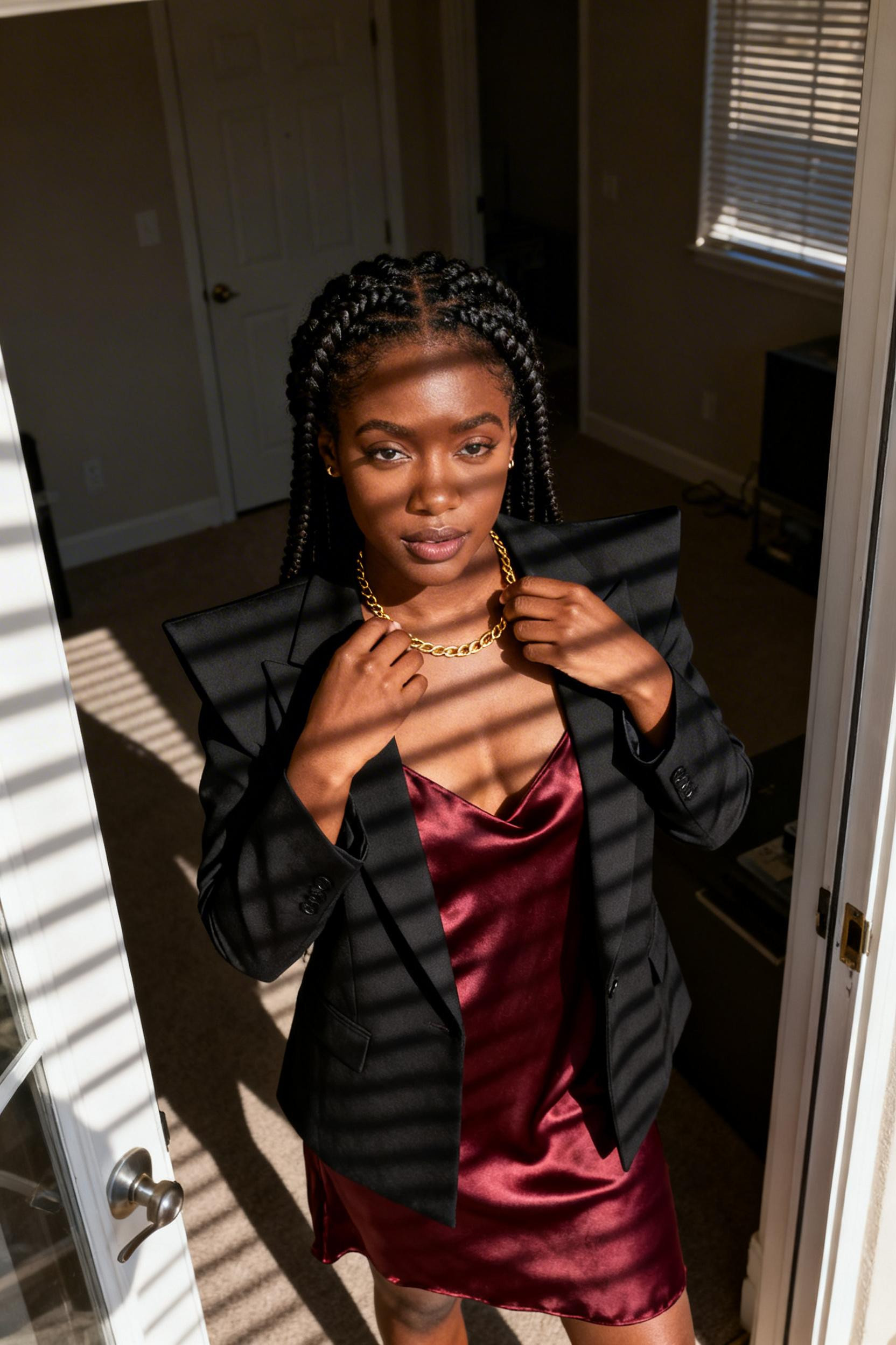 Birthday dinner outfit - black blazer with burgundy slip dress