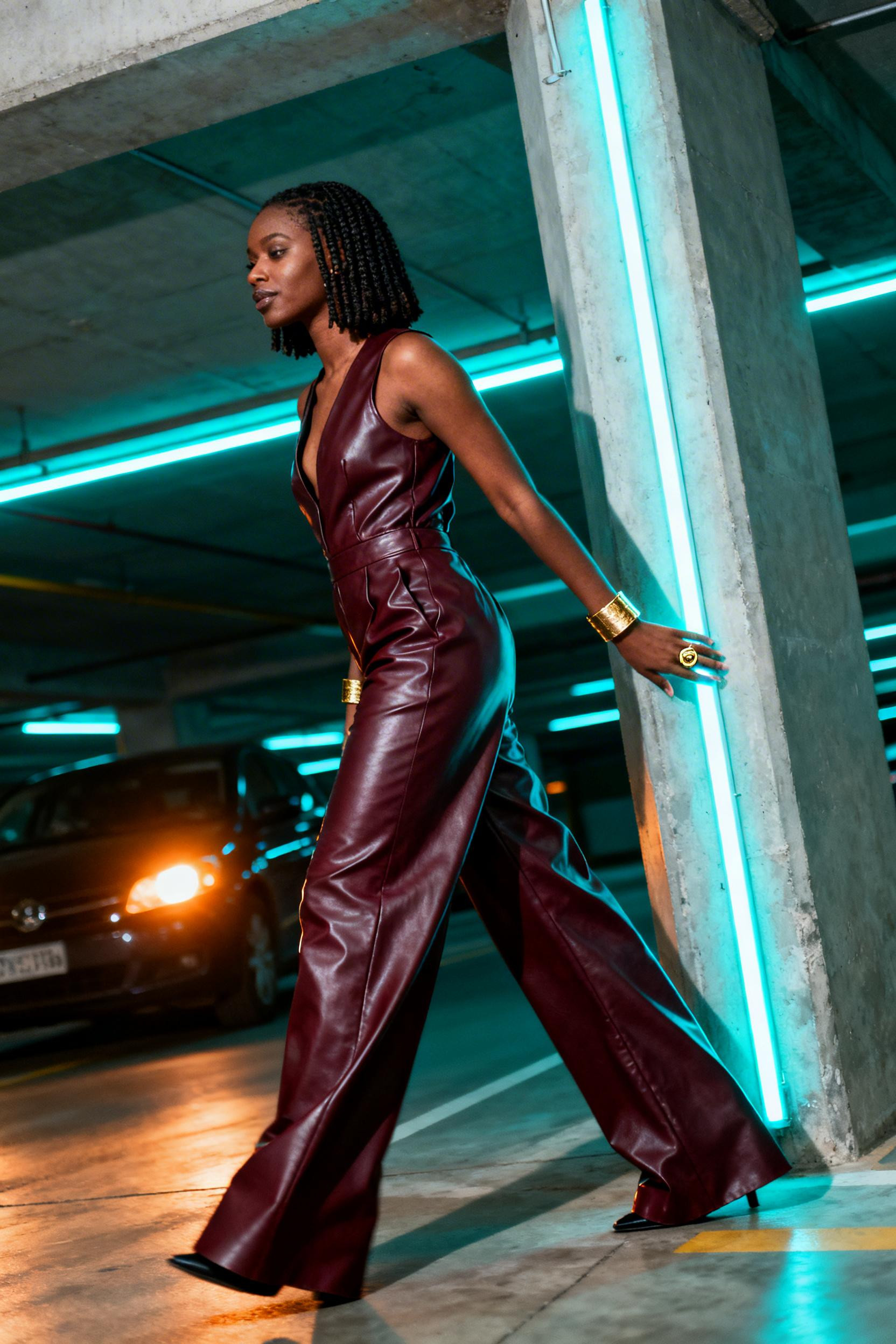 Club outfits black women - burgundy leather jumpsuit