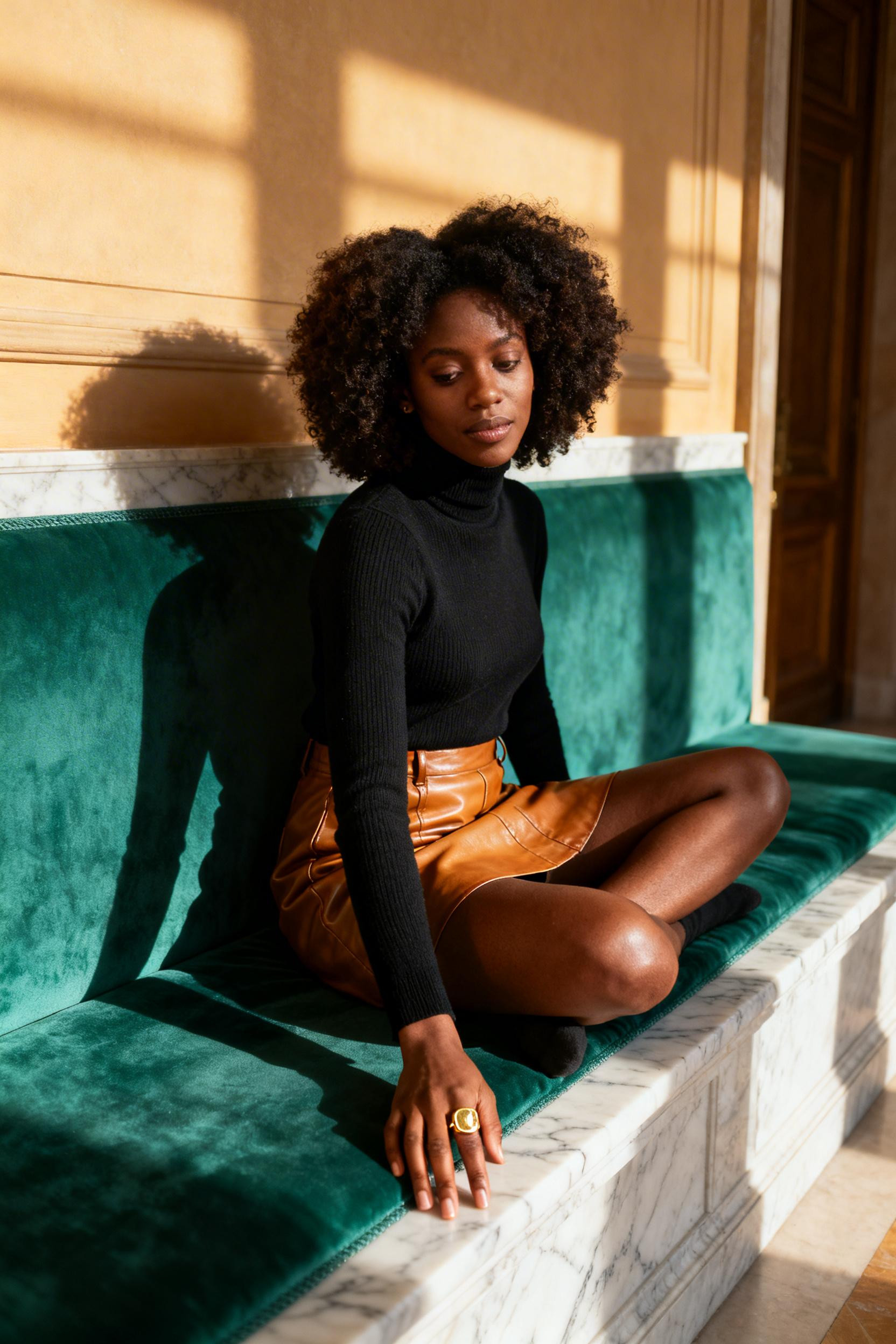Concert outfit black women - leather mini skirt with turtleneck