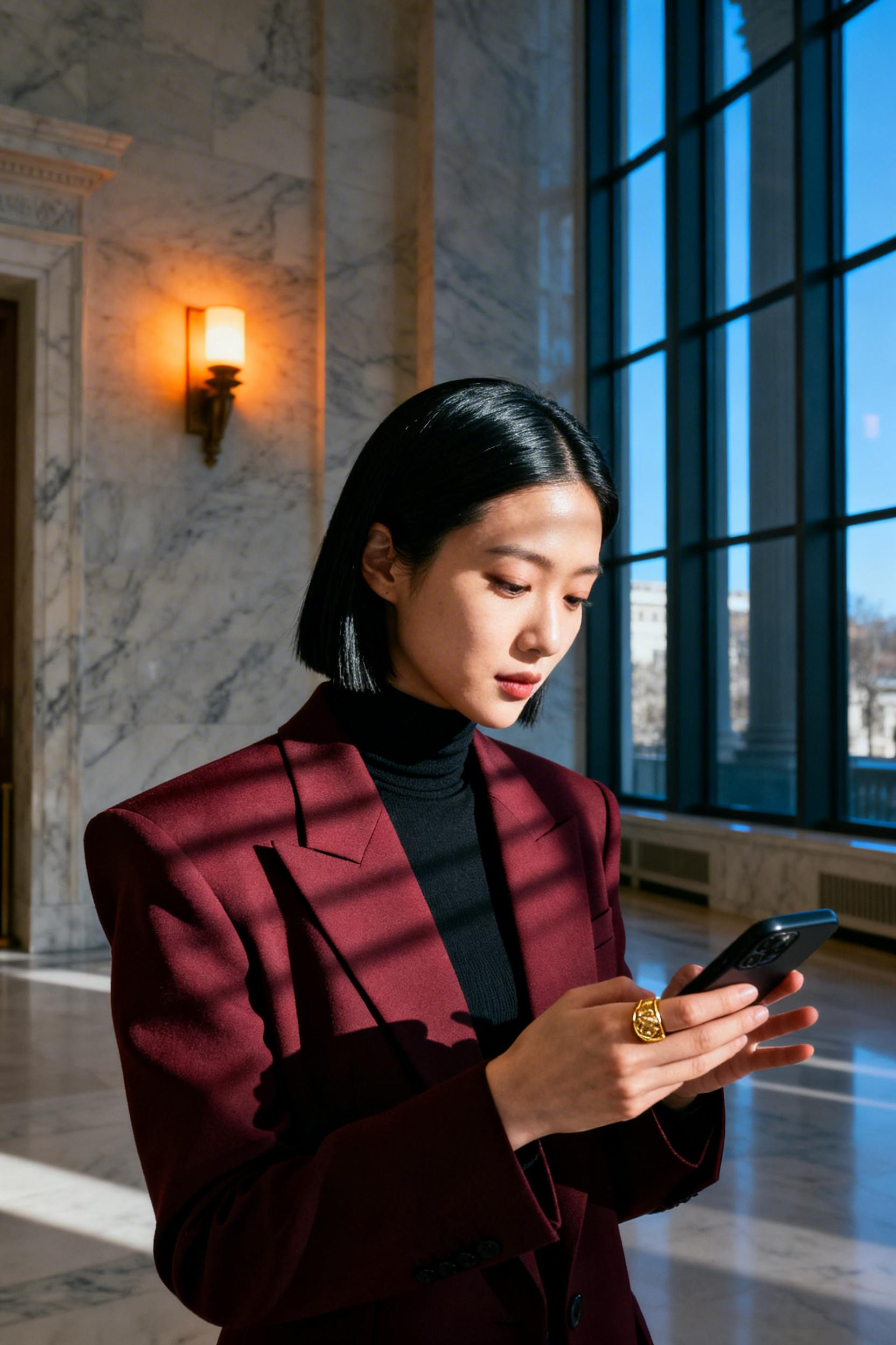 Concert outfit black women - oxblood blazer with turtleneck