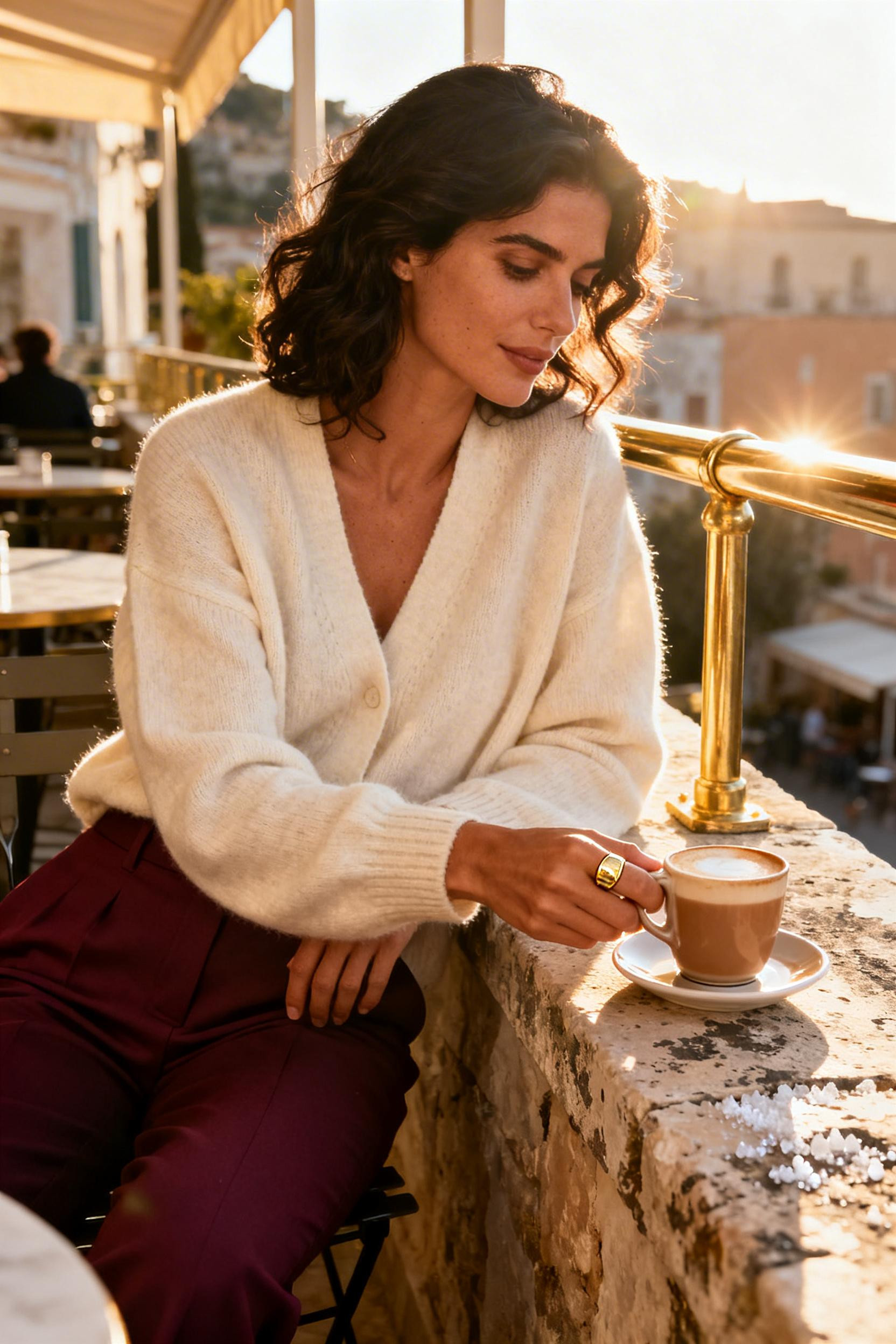 Nightout Summer Outfit - cream cardigan burgundy pants