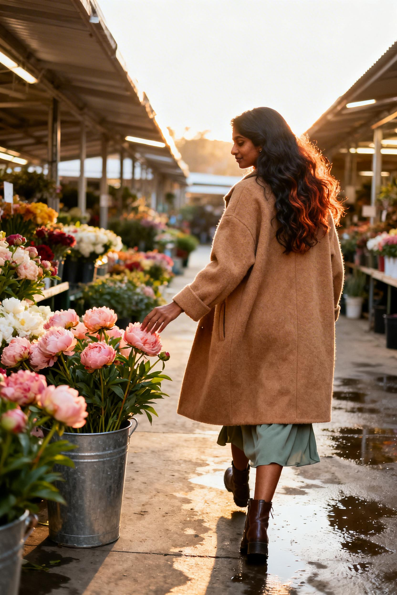 Simple Date Night Outfit - camel coat sage dress